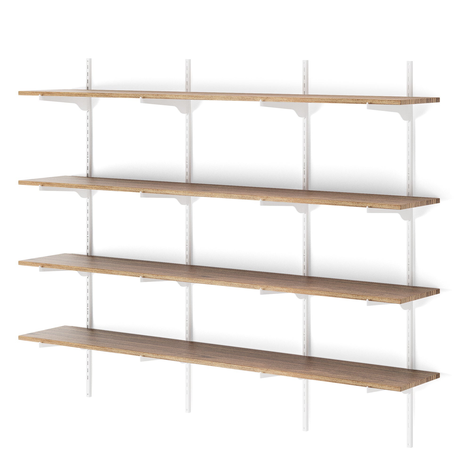 A clean studio displaying the empty 4-tier shelf with white metal brackets and wood finish—demonstrating full structural design and color harmony in minimal style.