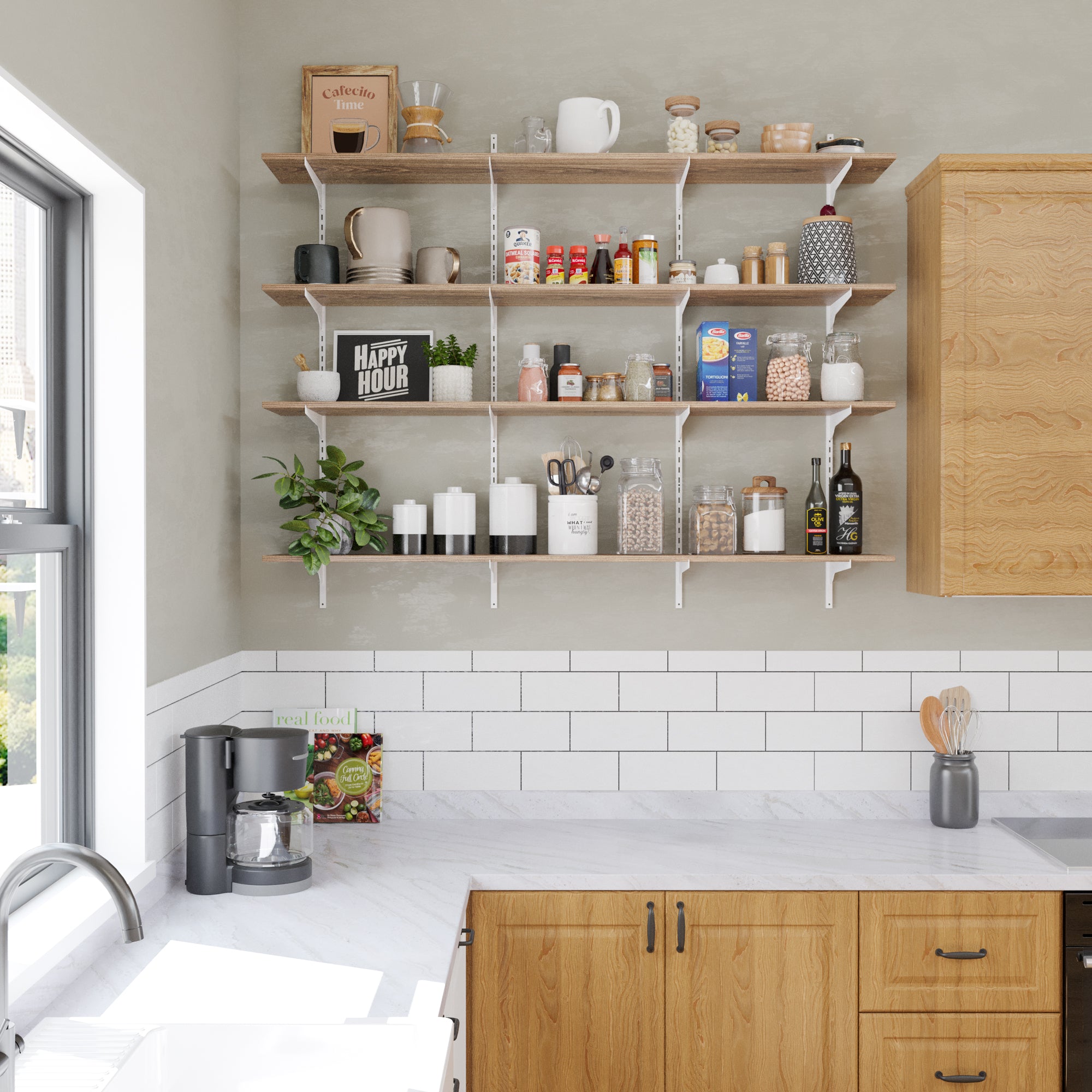 A kitchen storage shelving unit functions as an open pantry—perfect for storing spices, jars, and mugs, proving its functionality as a practical kitchen storage shelf.