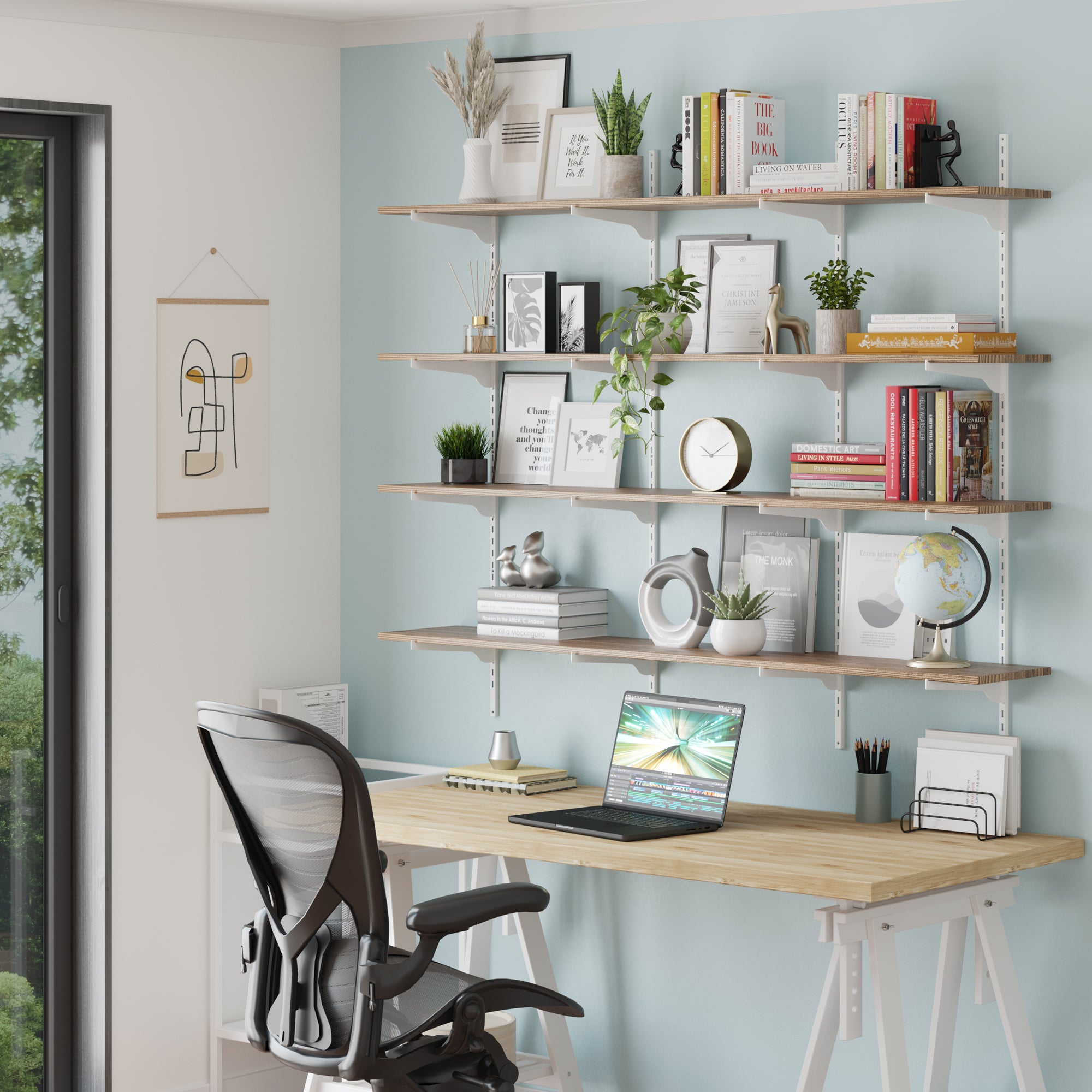 A bright home office scene shows the TURIN 4 tiered long wooden shelf holding books, décor, and frames—making it ideal as an office shelf to improve organization and elevate your workspace.
