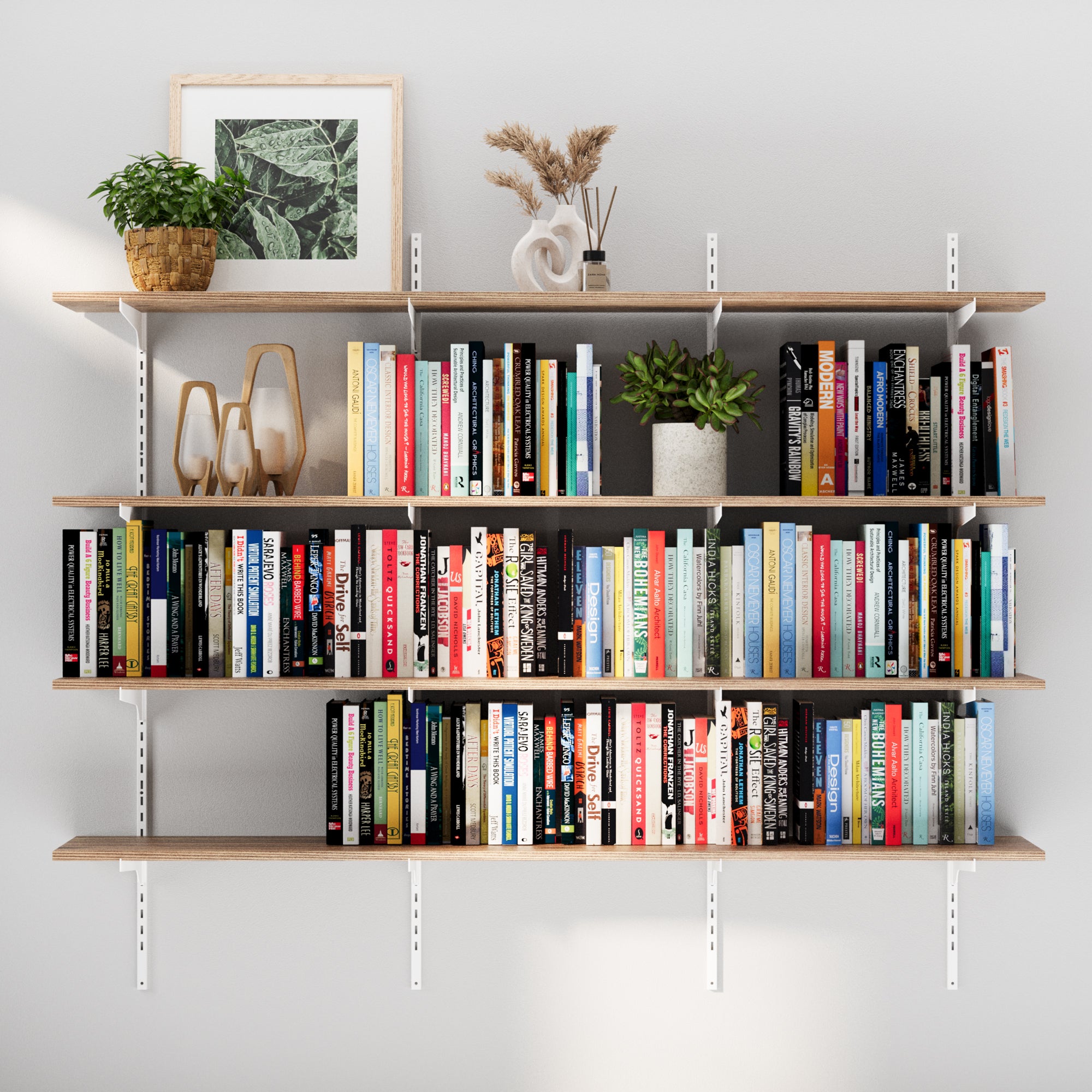 60'inch long 4-tier adjustable wall bookshelf in use with white adjustable brackets—perfect for displaying books, plants, and home décor while maximizing vertical wall space.