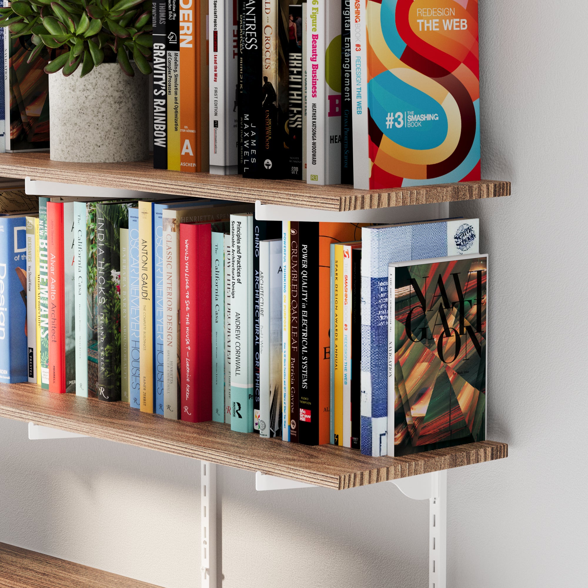 Detailed view of the real paulownia wood texture and sturdy white adjustable metal brackets, emphasizing the floating shelf’s high-quality construction and clean modern look.