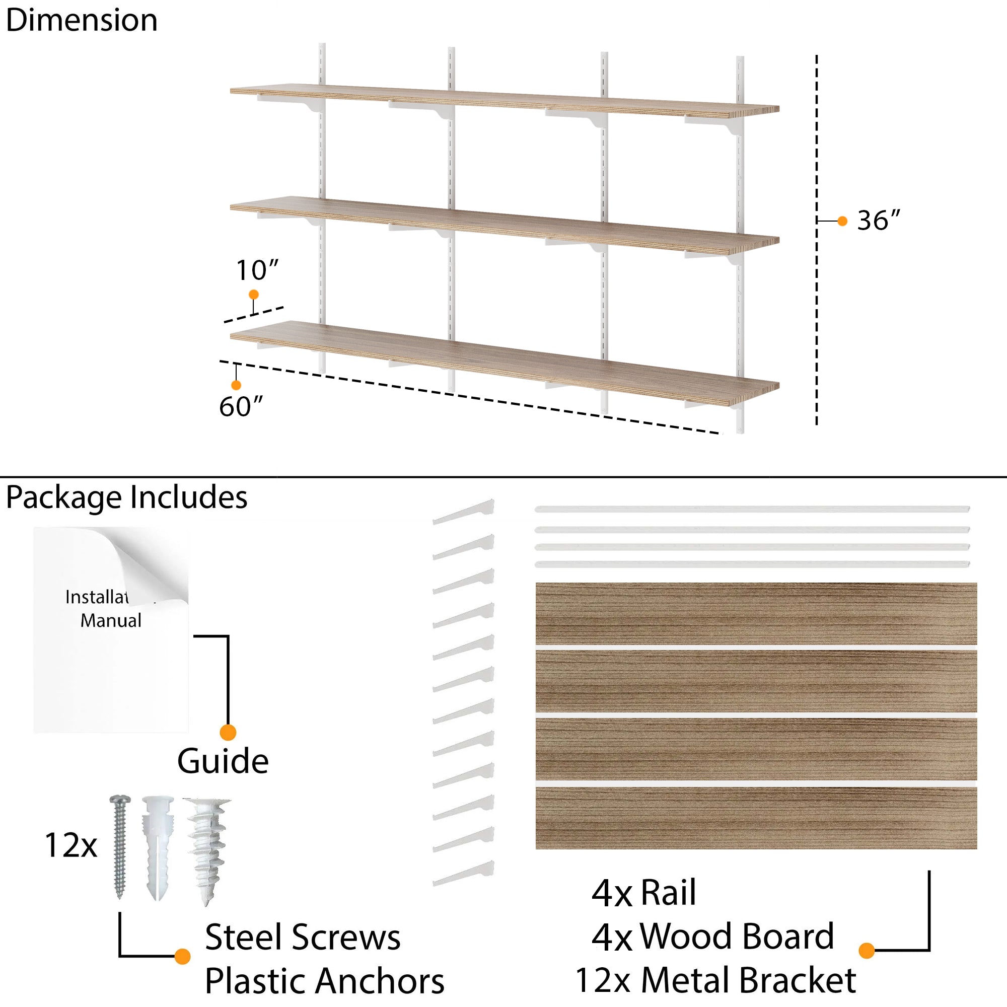 Dimension and contents of the long wall shelving unit for wall, shows the 60" x 36" full unit layout with 10" shelf depth. Package includes 4 wood boards, 12 metal brackets, 4 rails, screws, anchors, and installation guide.