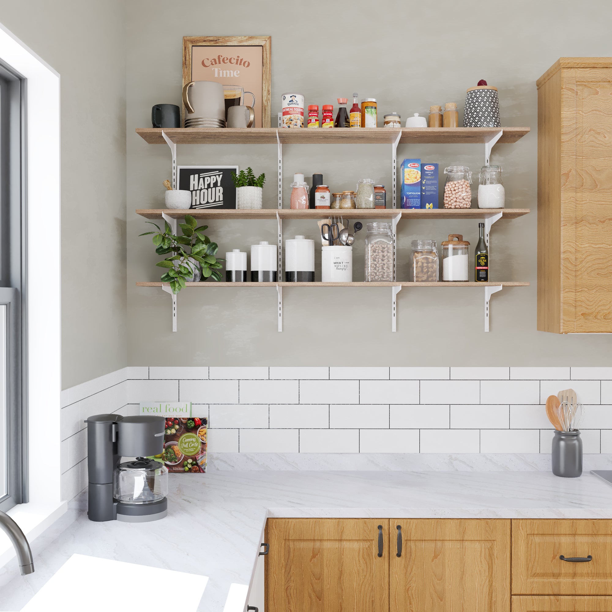 Styled in a modern kitchen, floating rustic shelf’s functionality as a kitchen storage shelf. Organizes spices, jars, plants, and mugs while keeping countertops clear.