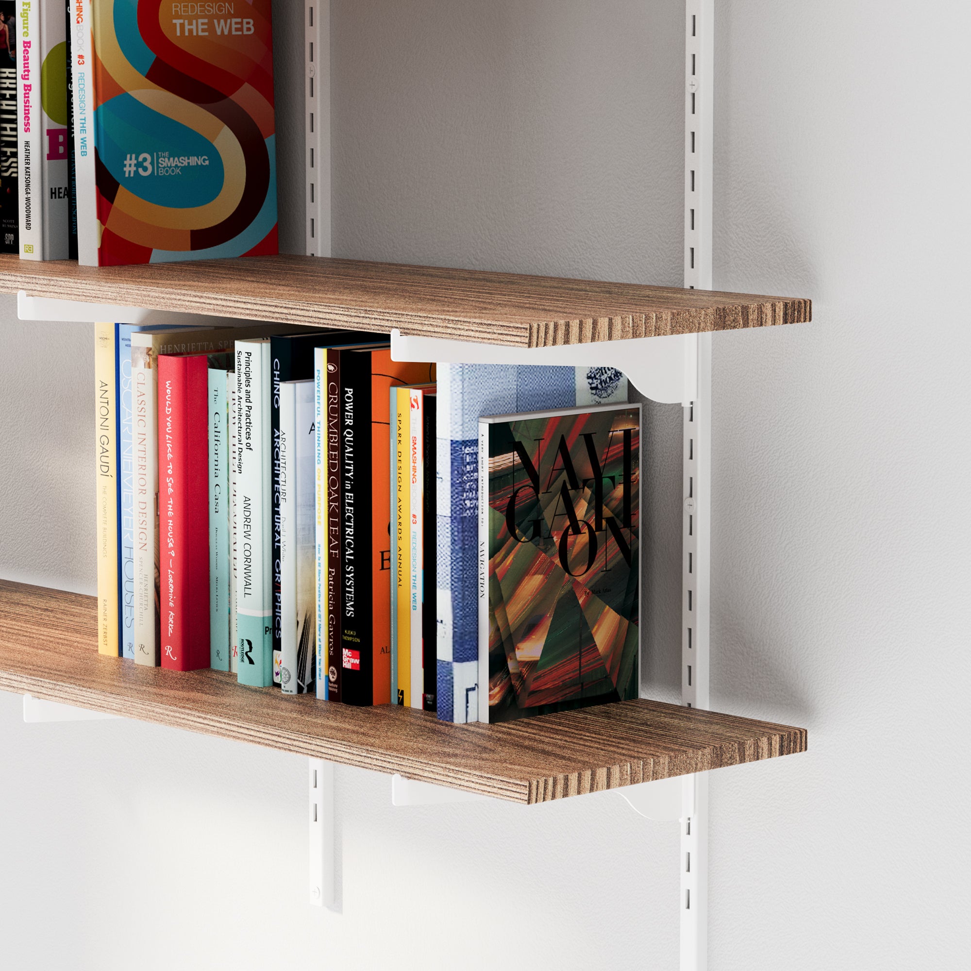 Close-up detail of the floating bookshelf 's edge and bracket system. Highlights the premium layered wood grain texture, clean white metal bracket finish, and precision-cut shelf edges—showcasing quality craftsmanship.