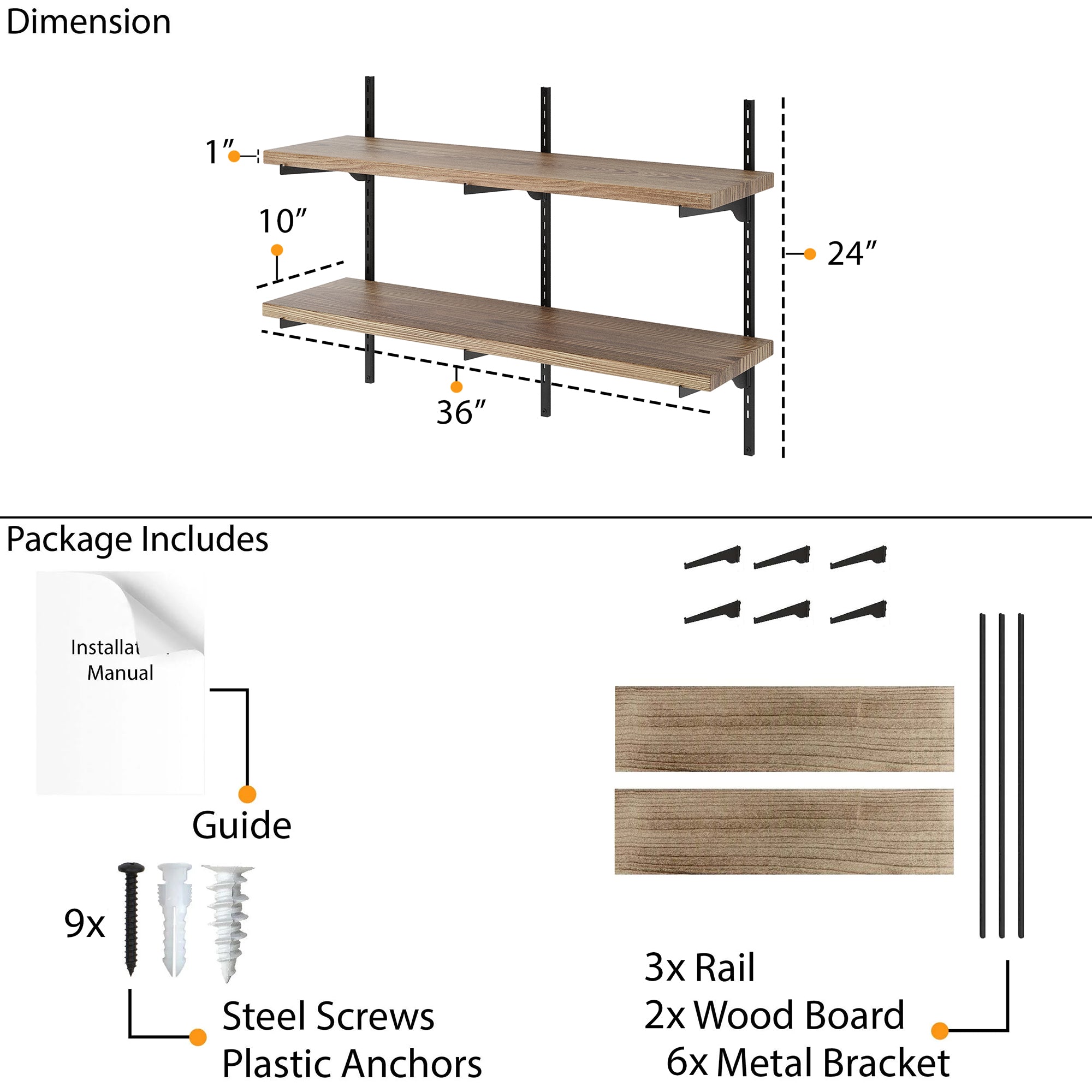 Wall-mounted adjustable shelving unit with dimensions and package contents listed.