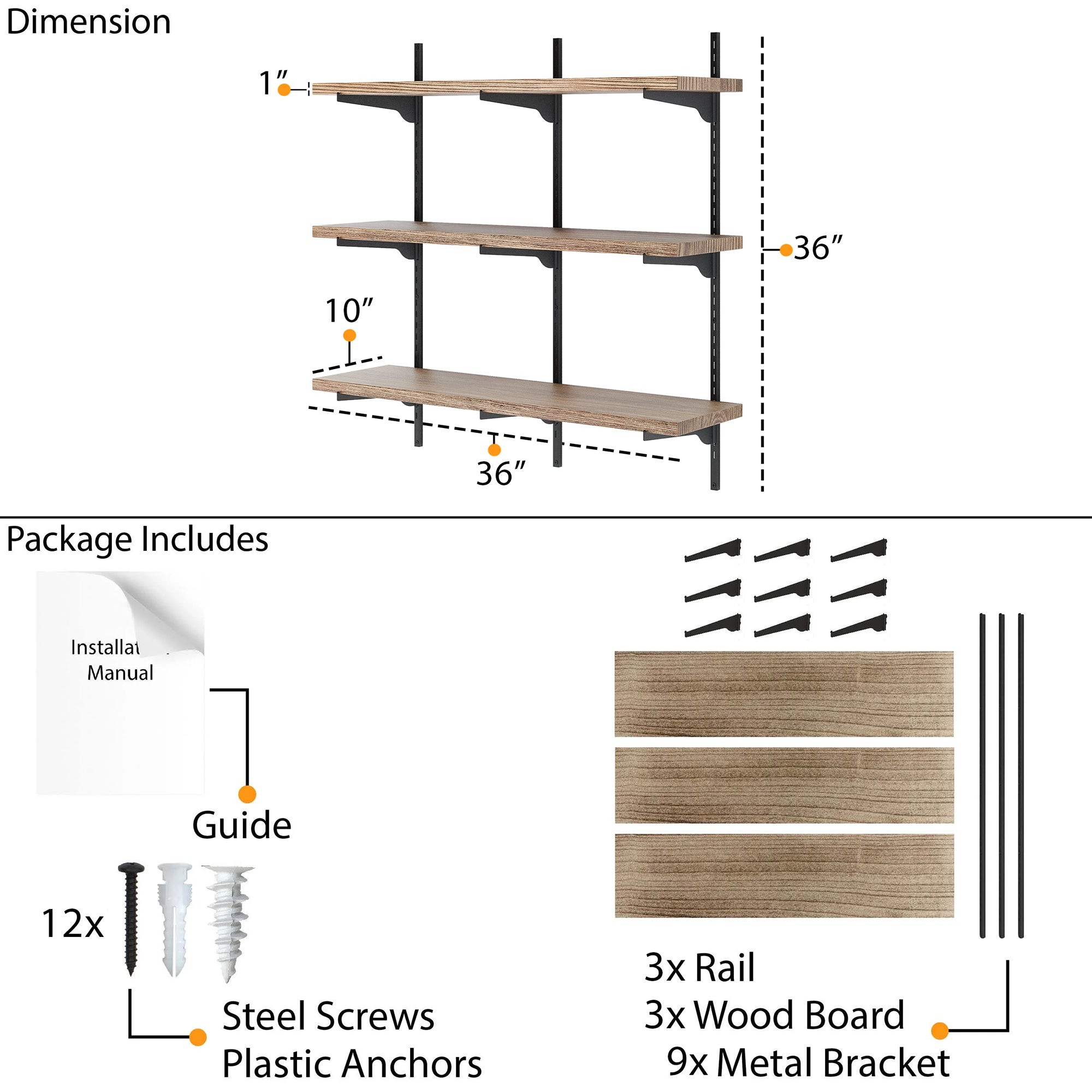 Adjustable bracket shelving unit dimensions and package contents including shelves, rail, wood boards, metal brackets, screws, and installation guide.