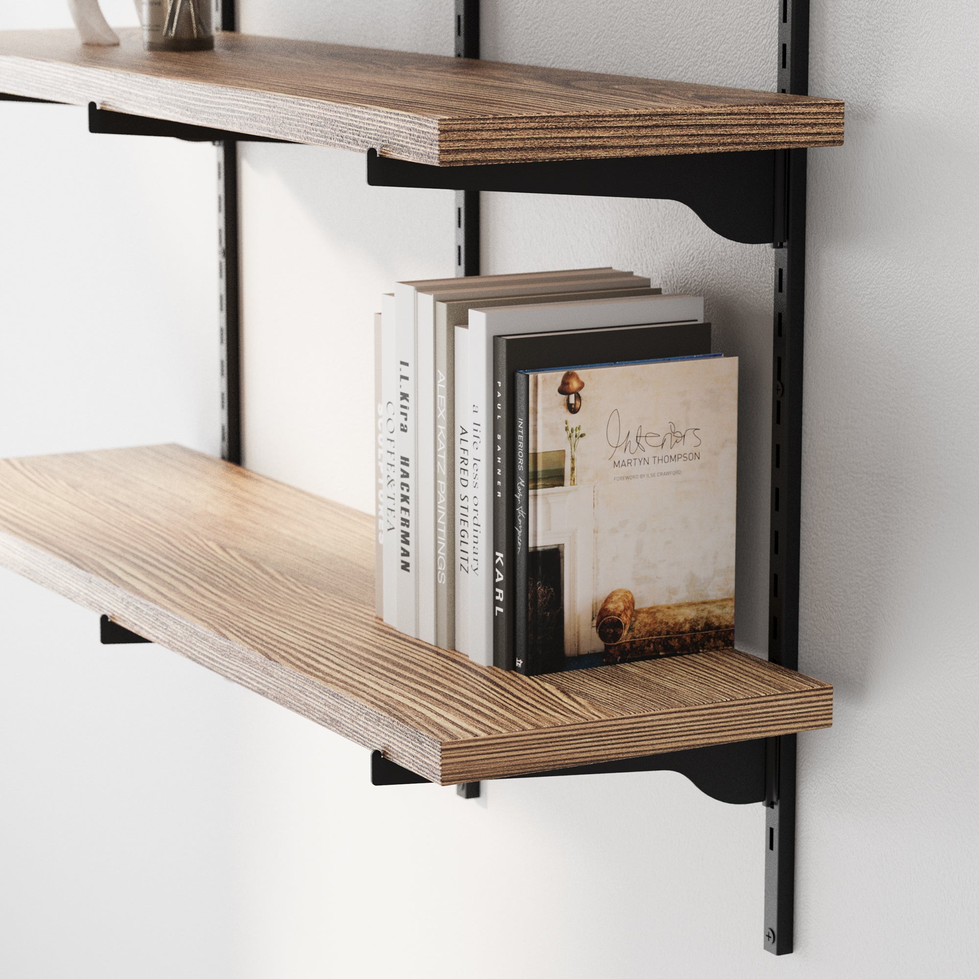 Adjustable rustic shelves with books on a white wall