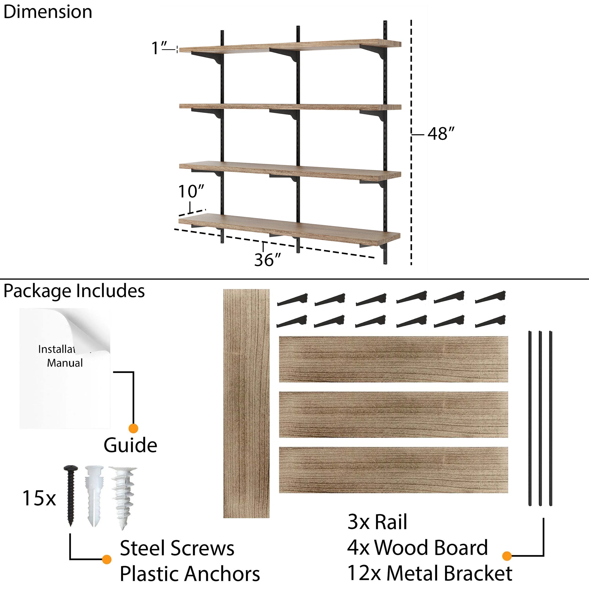 4 tier shelving unit with dimensions and package contents including shelves, rail, wood boards, metal brackets, screws, and a guide.
