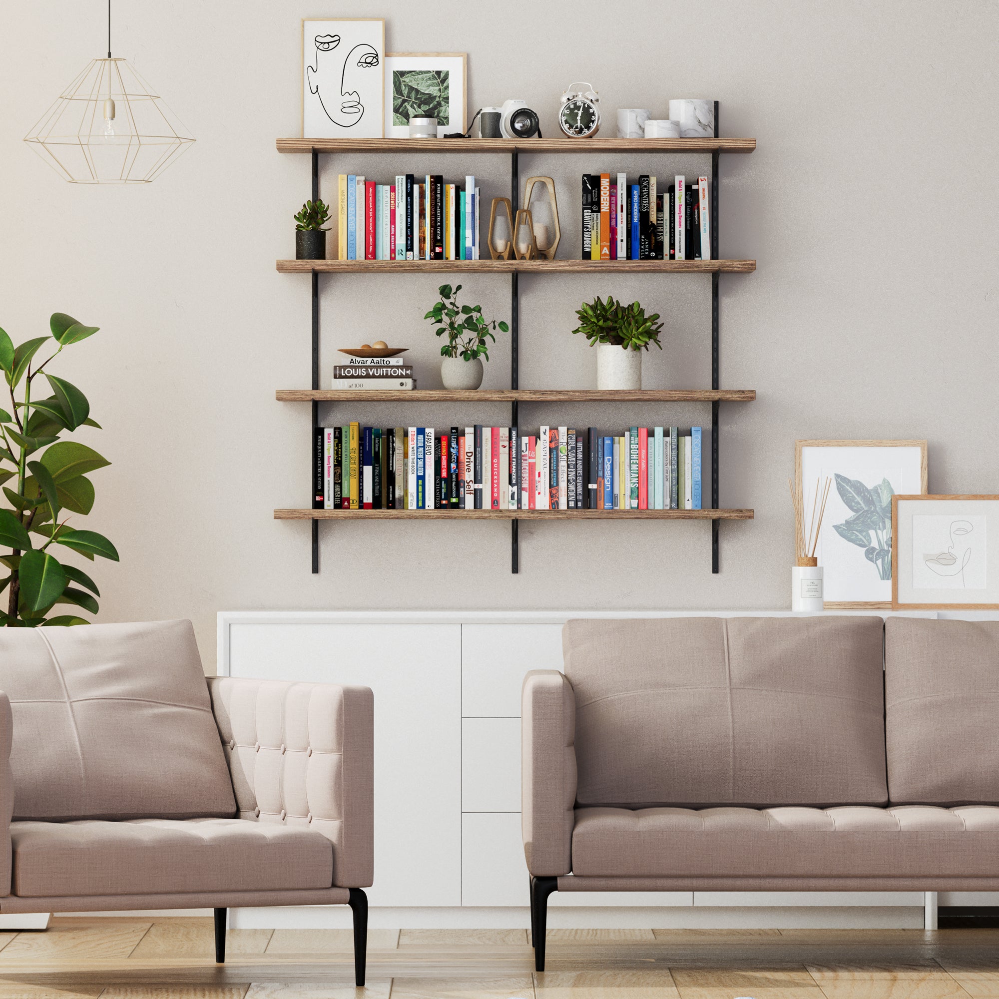Modern living room with beige sofas, wooden shelves with black adjustable brackets, and decorative items.