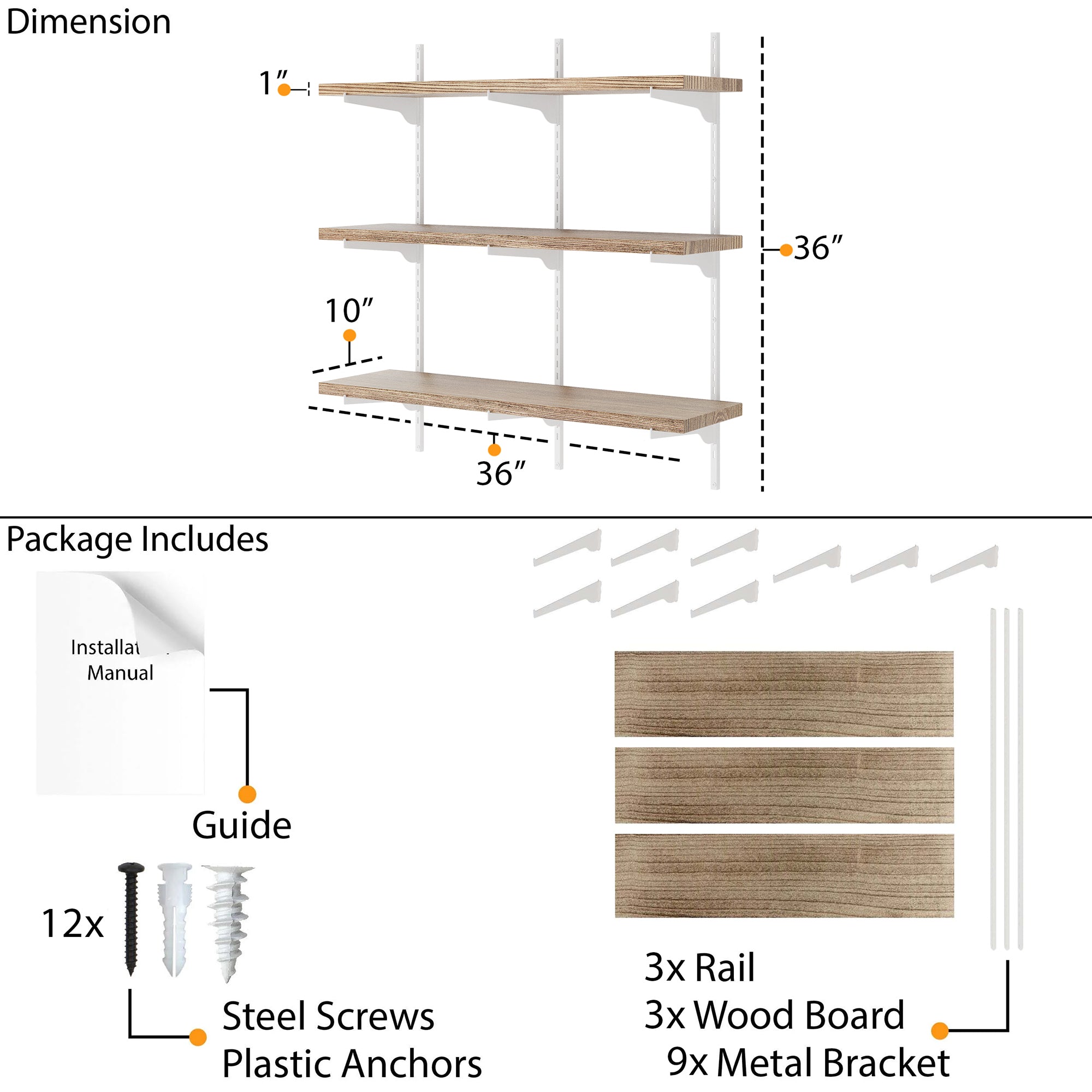 3 tier floating shelves with white brackets and rails with dimensions and package contents on a white background