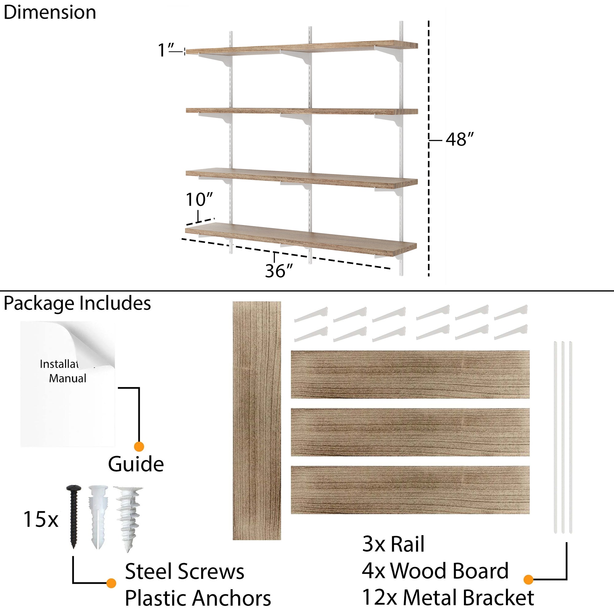4 tier farmhouse shelf with dimensions and package contents including shelves, rail, wood boards, metal brackets, screws, and a guide.