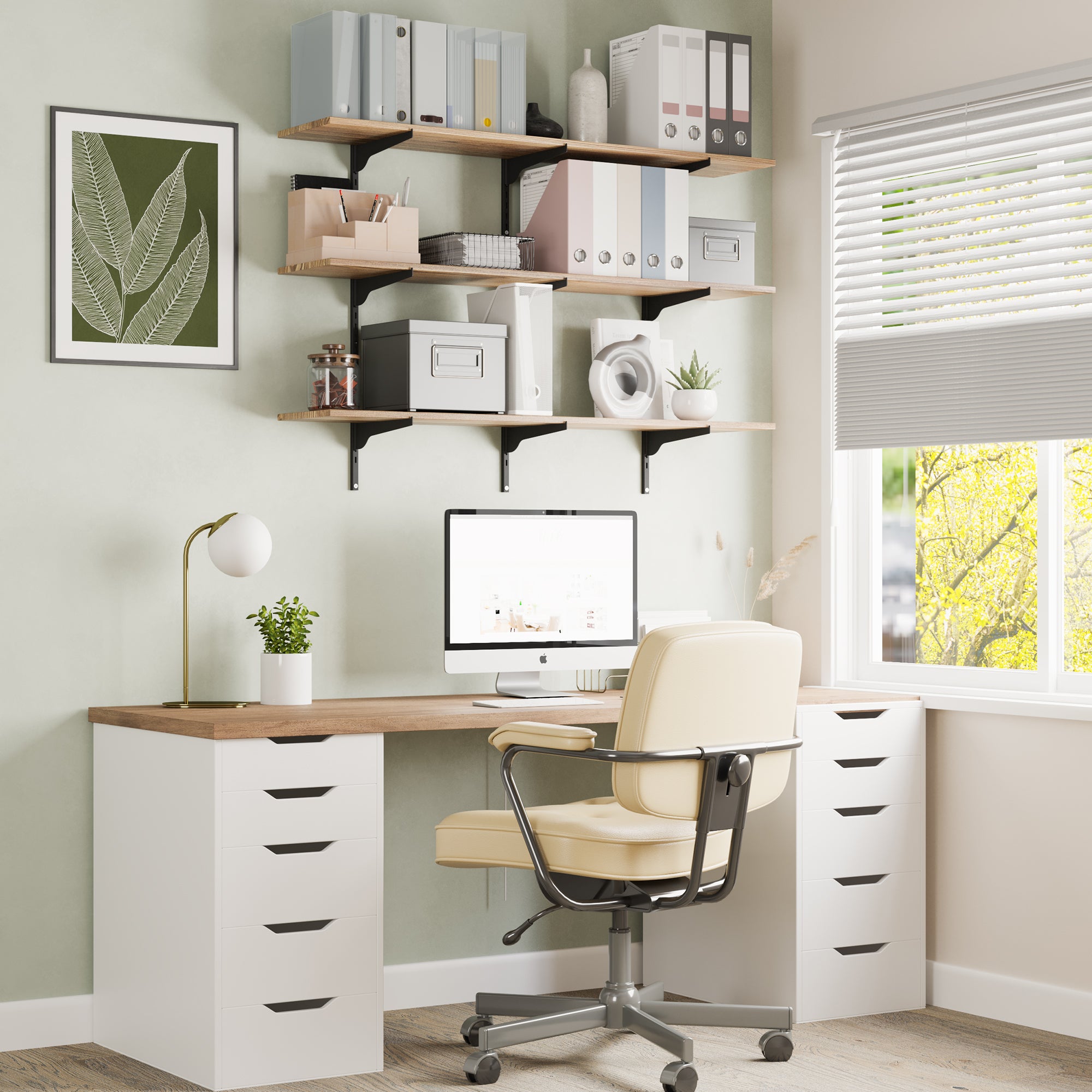 Home office with a desk, chair, computer, and 3 tier office storage shelves.