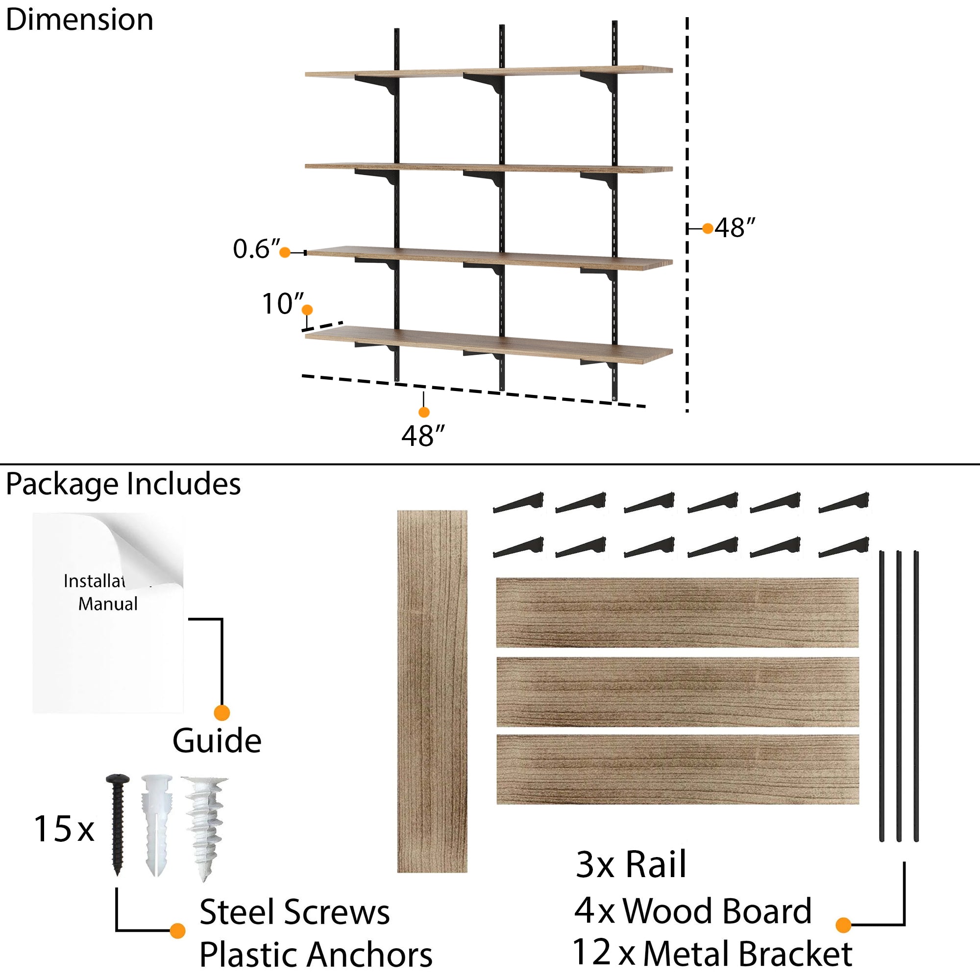 Shelving system with dimensions (48" long, 10" deep' 0.6" thick 4 tiered boards) and package contents on a white background