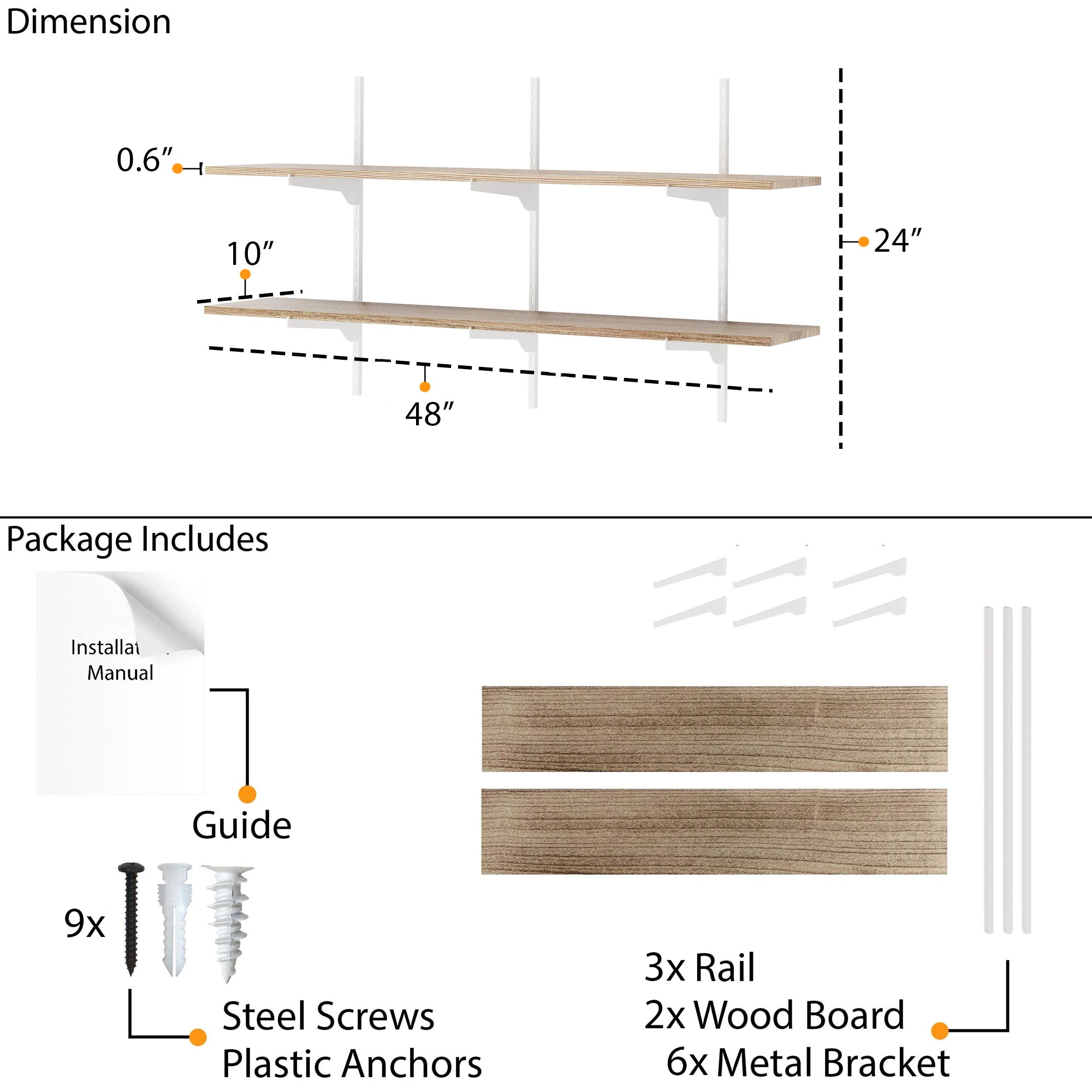 Shelving system dimensions and package contents on a white background