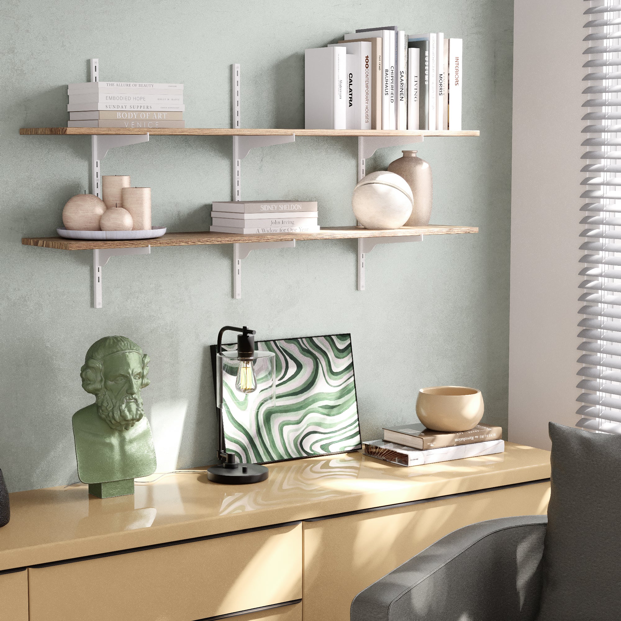 Modern interior with living room storage shelves, books, and decorative items against a light green wall.