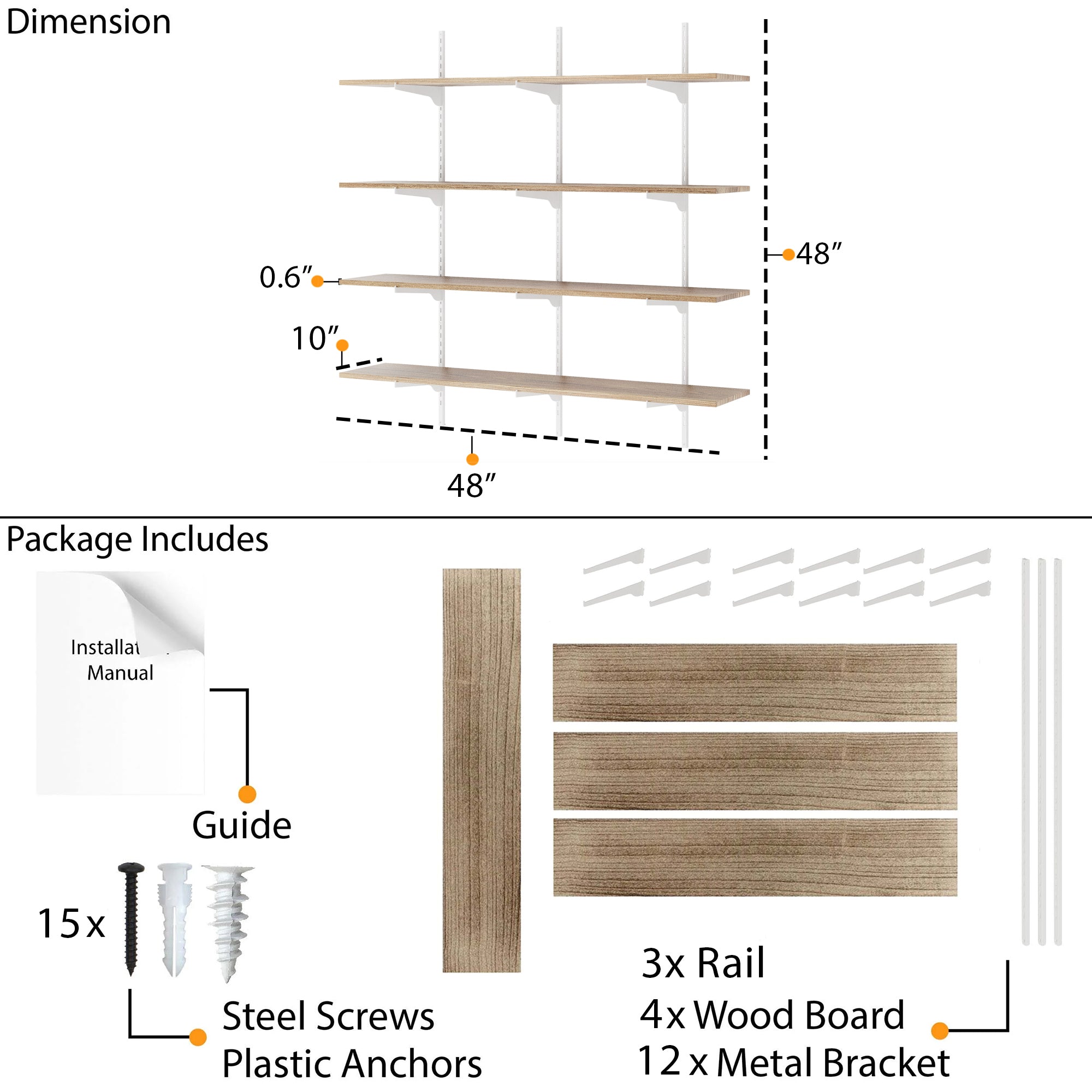 4 tiered wooden shelf dimensions and package contents including shelves, rail, wood boards, metal brackets, screws, and a guide.