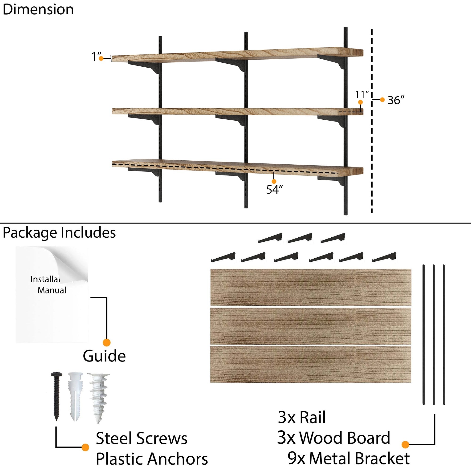 54 inch long and 3 tier shelving unit with dimensions and package contents including wood boards, metal brackets, screws, and a guide.