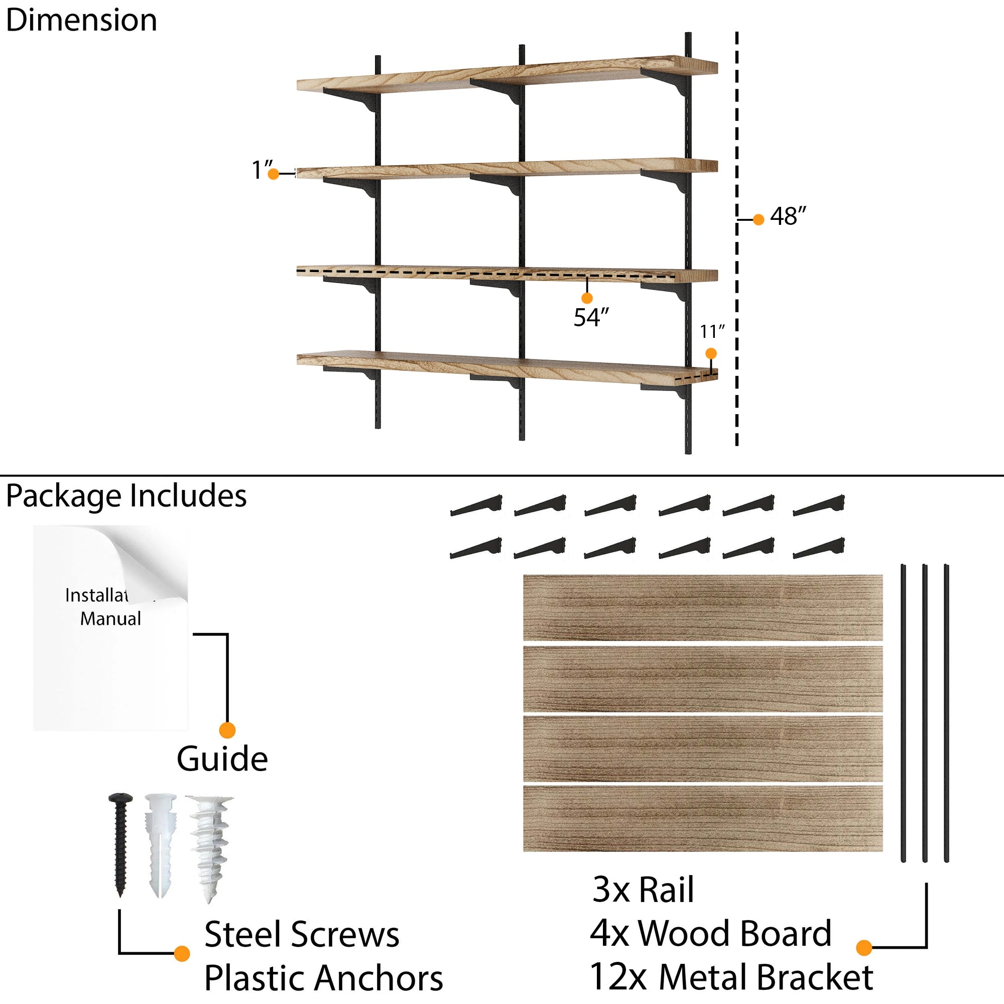 4 tier adjustable shelving unit with dimensions and package contents including wood boards, metal brackets, screws, and a guide.