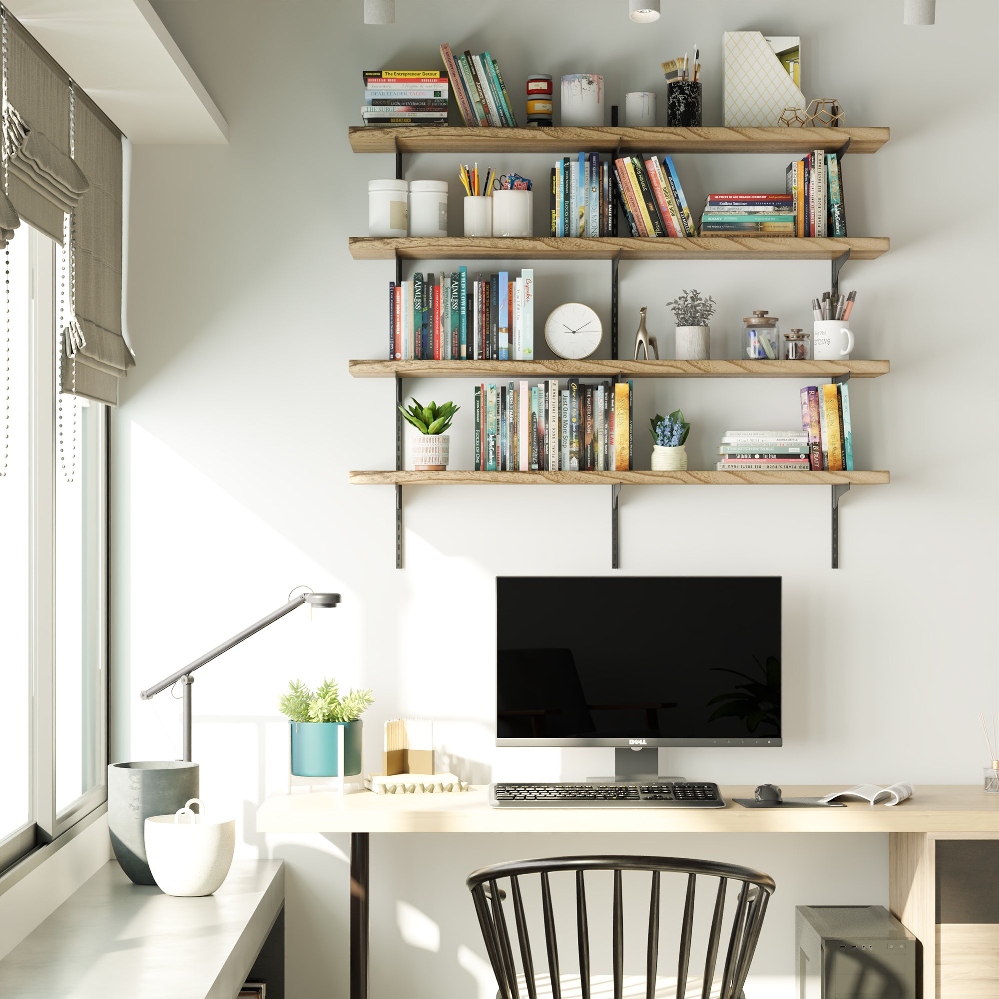 Modern home office with 4 tier office supplies shelves, desk, and computer setup.