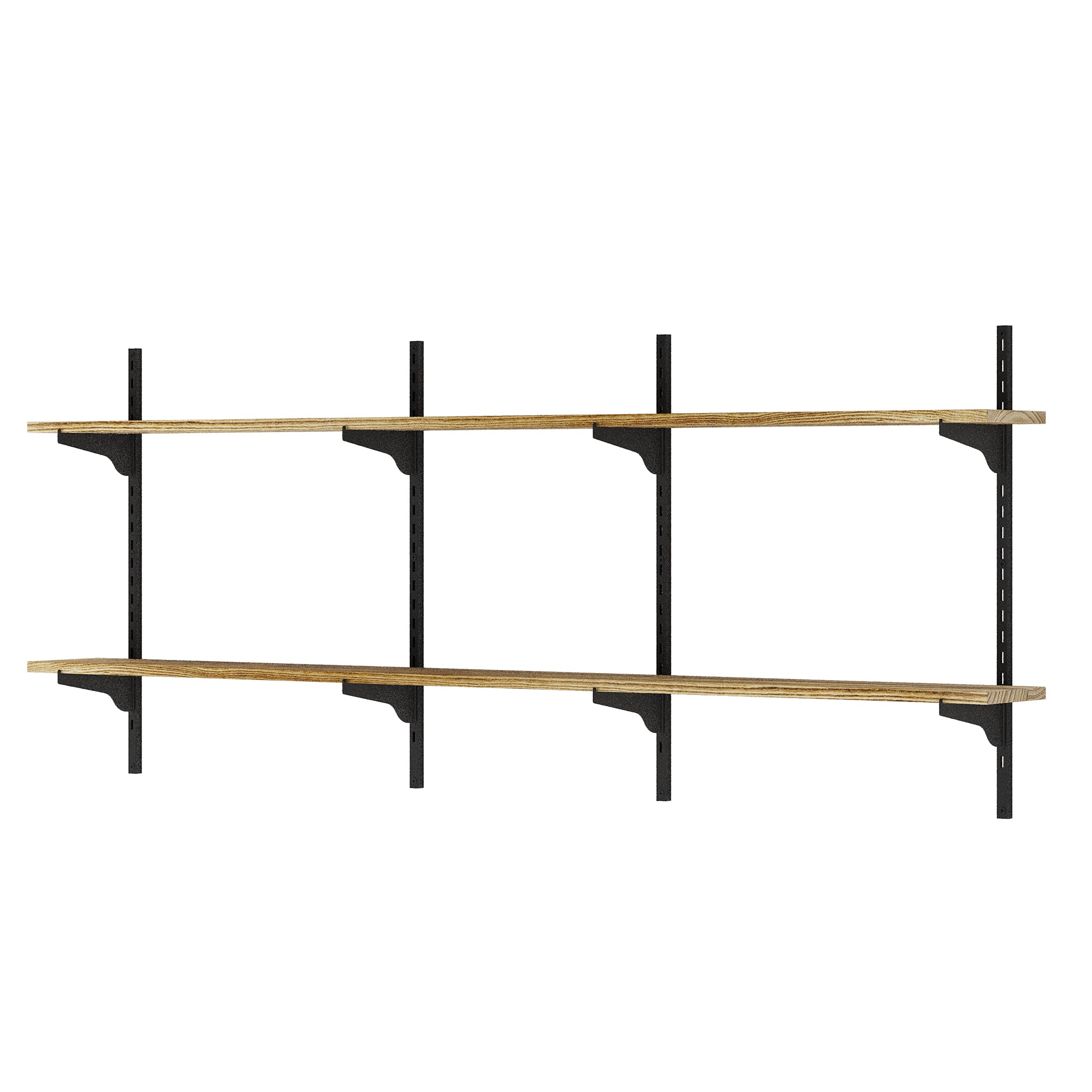 Two boho shelves with black metal brackets on a white background