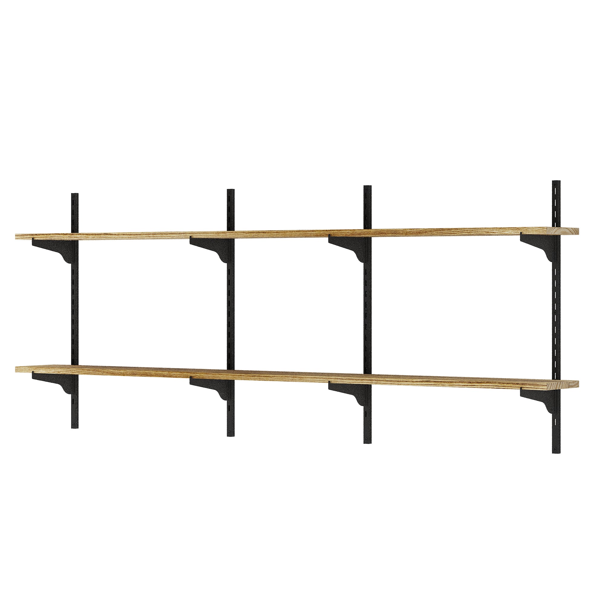 Two boho shelves with black metal brackets on a white background