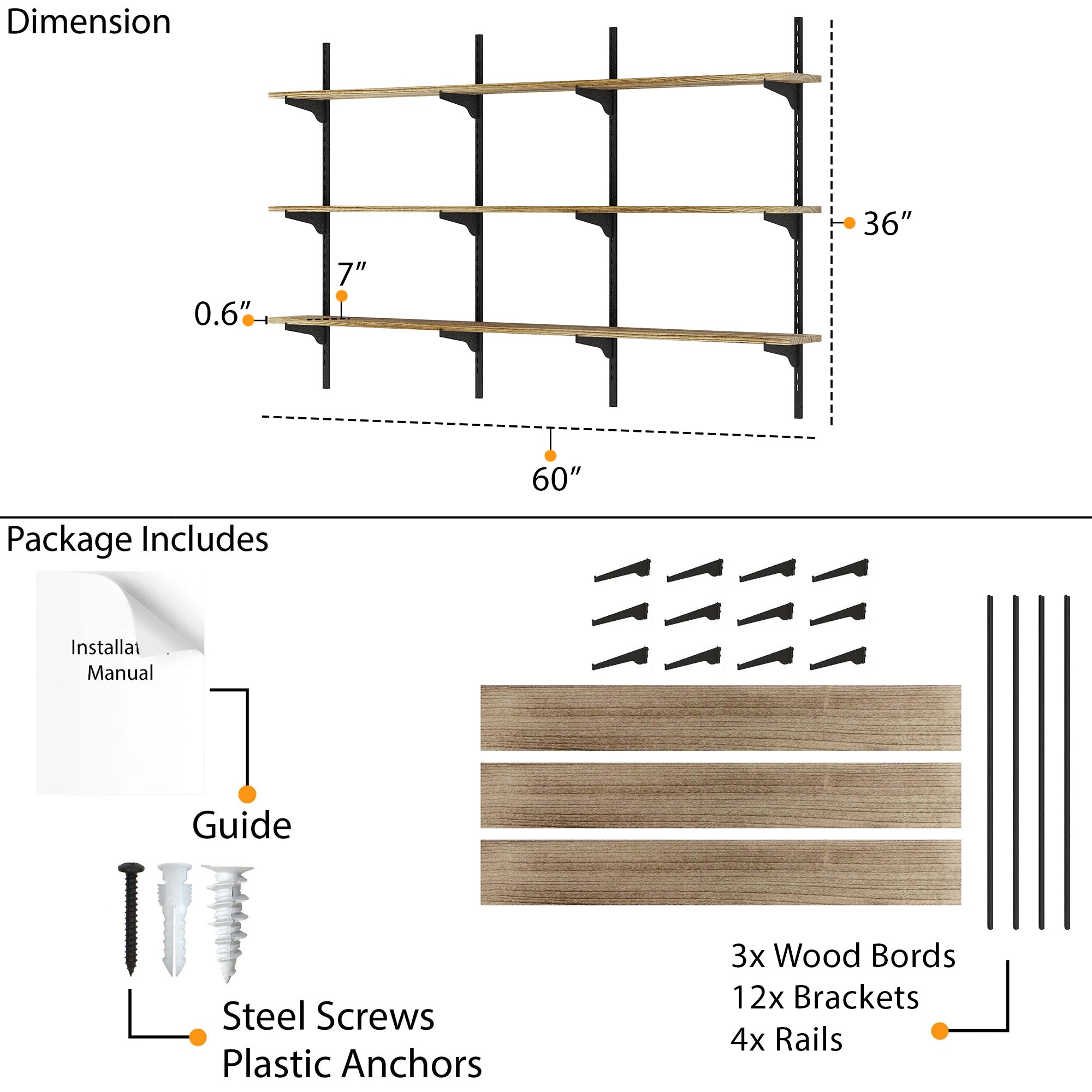 Shelving system with dimensions and package contents including wood boards, brackets, and screws.
