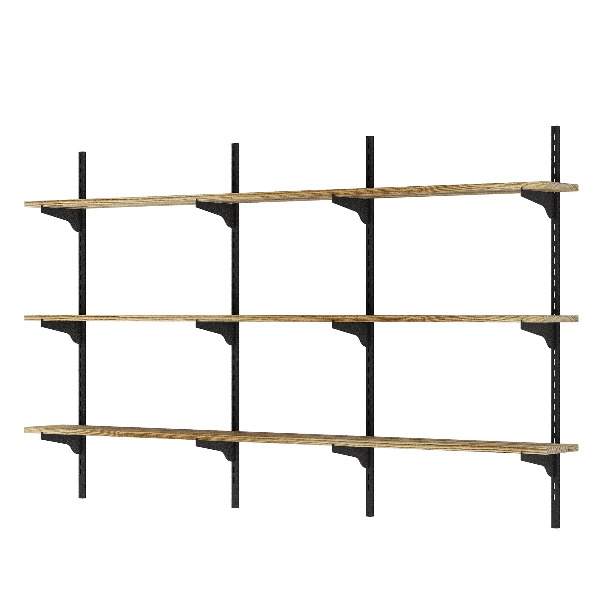 Set of four wooden shelves with black metal brackets on a white background