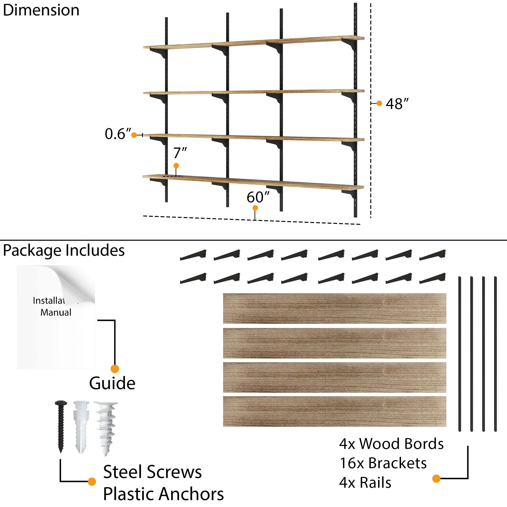 60 inch long shelving system with dimensions and package contents including wood boards, brackets, and screws.