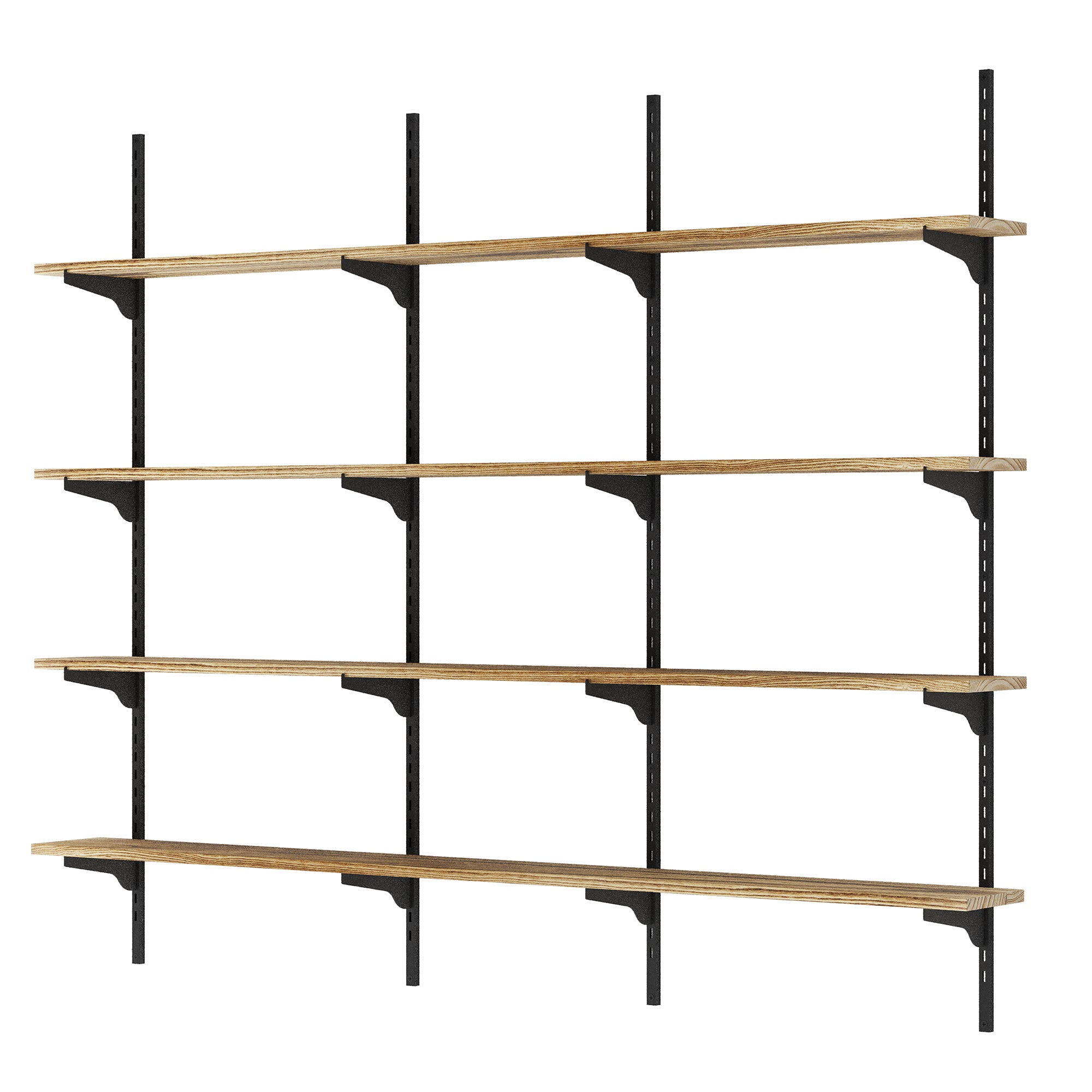 4 tier decorative shelving unit with black metal brackets on a white background