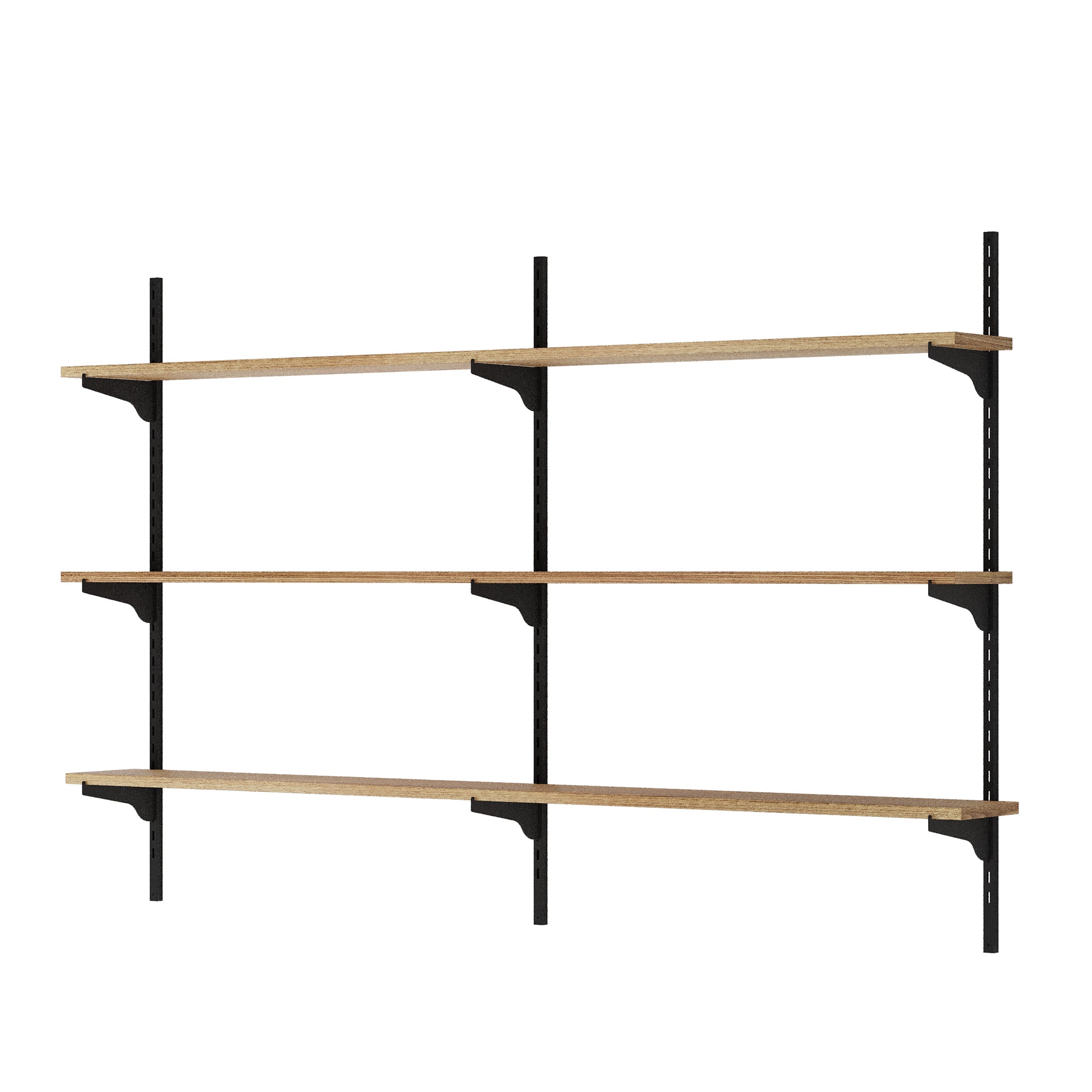 Hanging shelves with black metal brackets on a white background