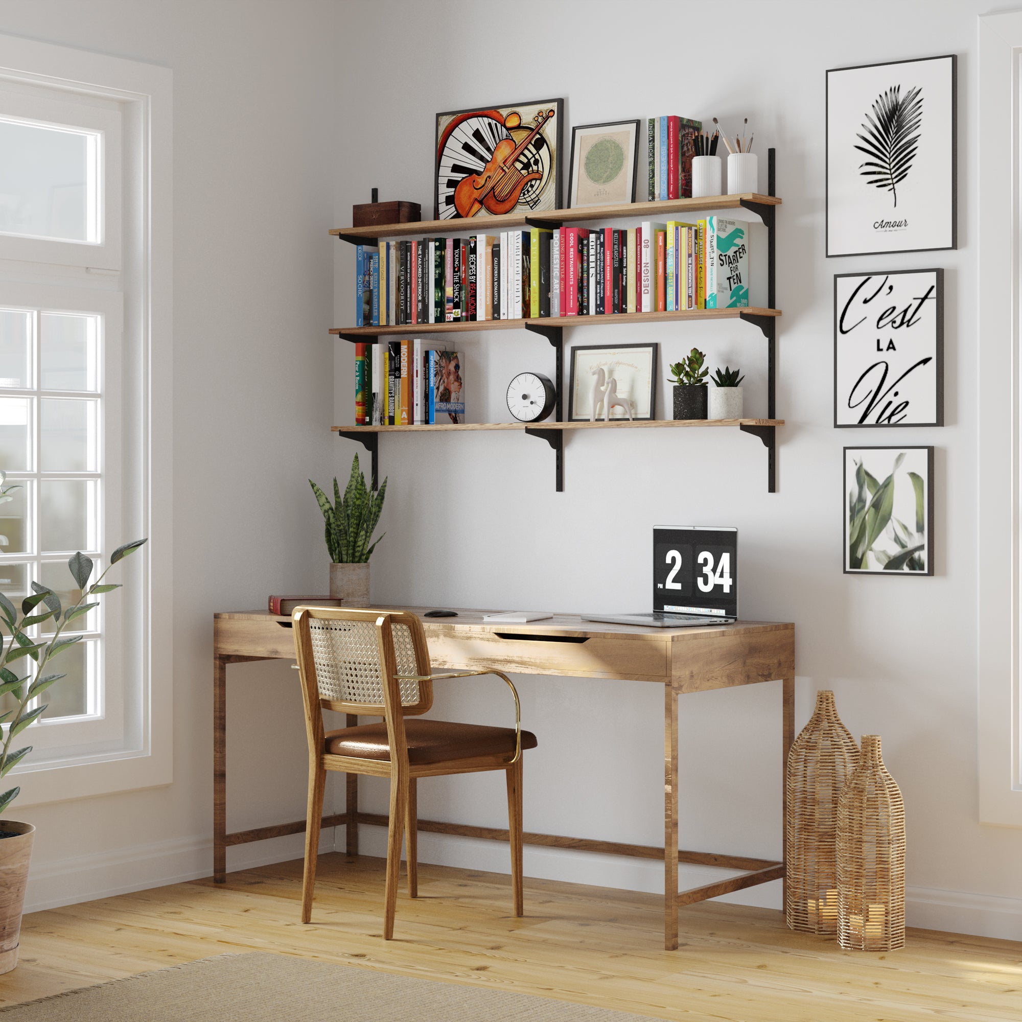 Home office with wooden desk, chair, and wall shelves with books and decor.