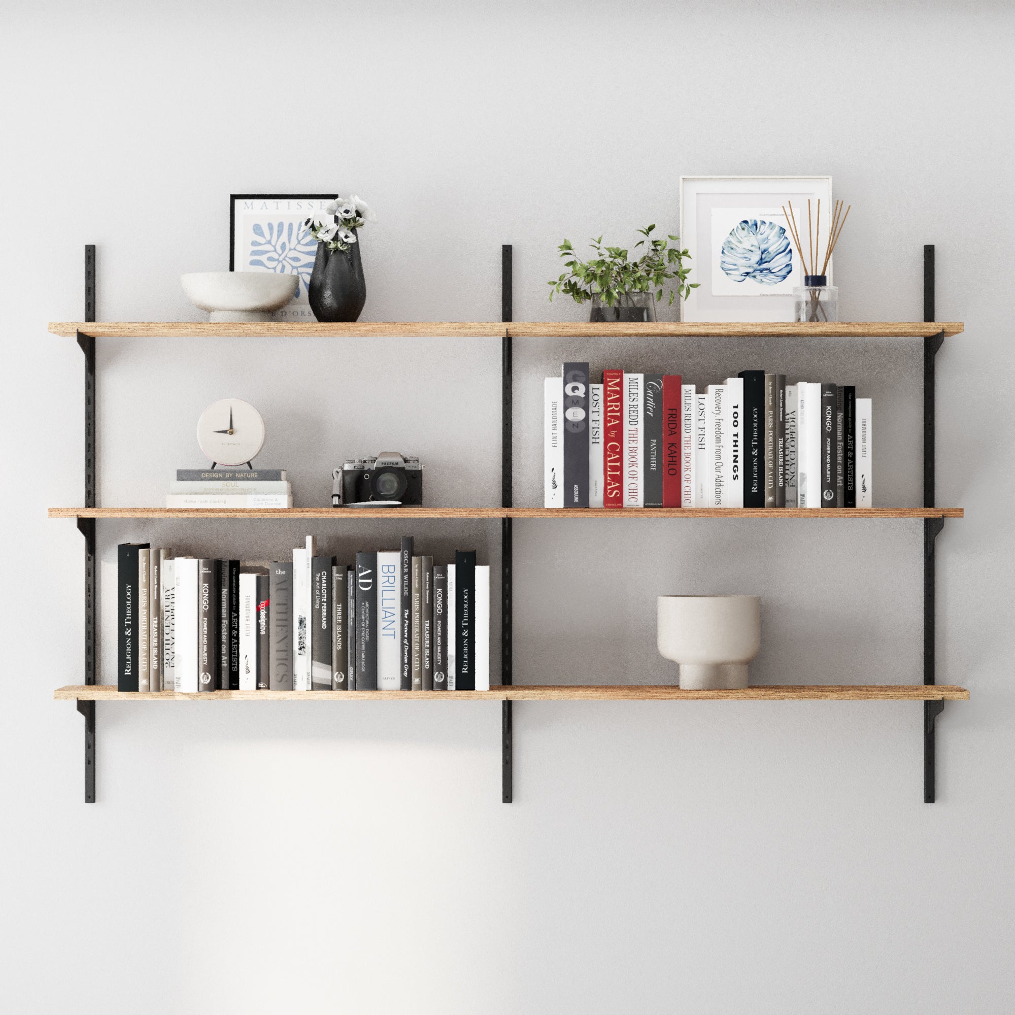 3 tier rustic adjustable shelves with books and decorative items against a white wall