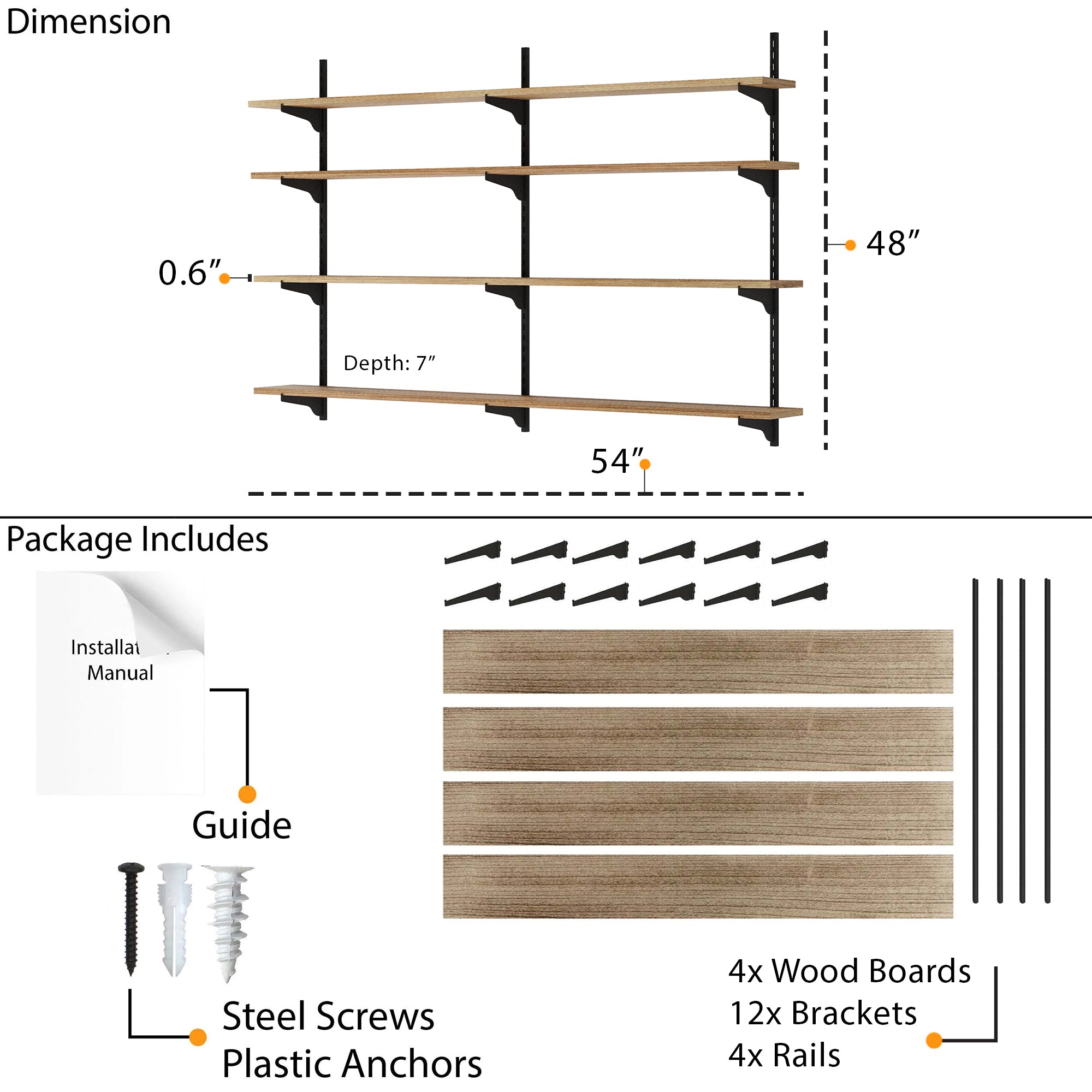 Shelving unit system with dimensions and package contents including wood boards, brackets, and screws.