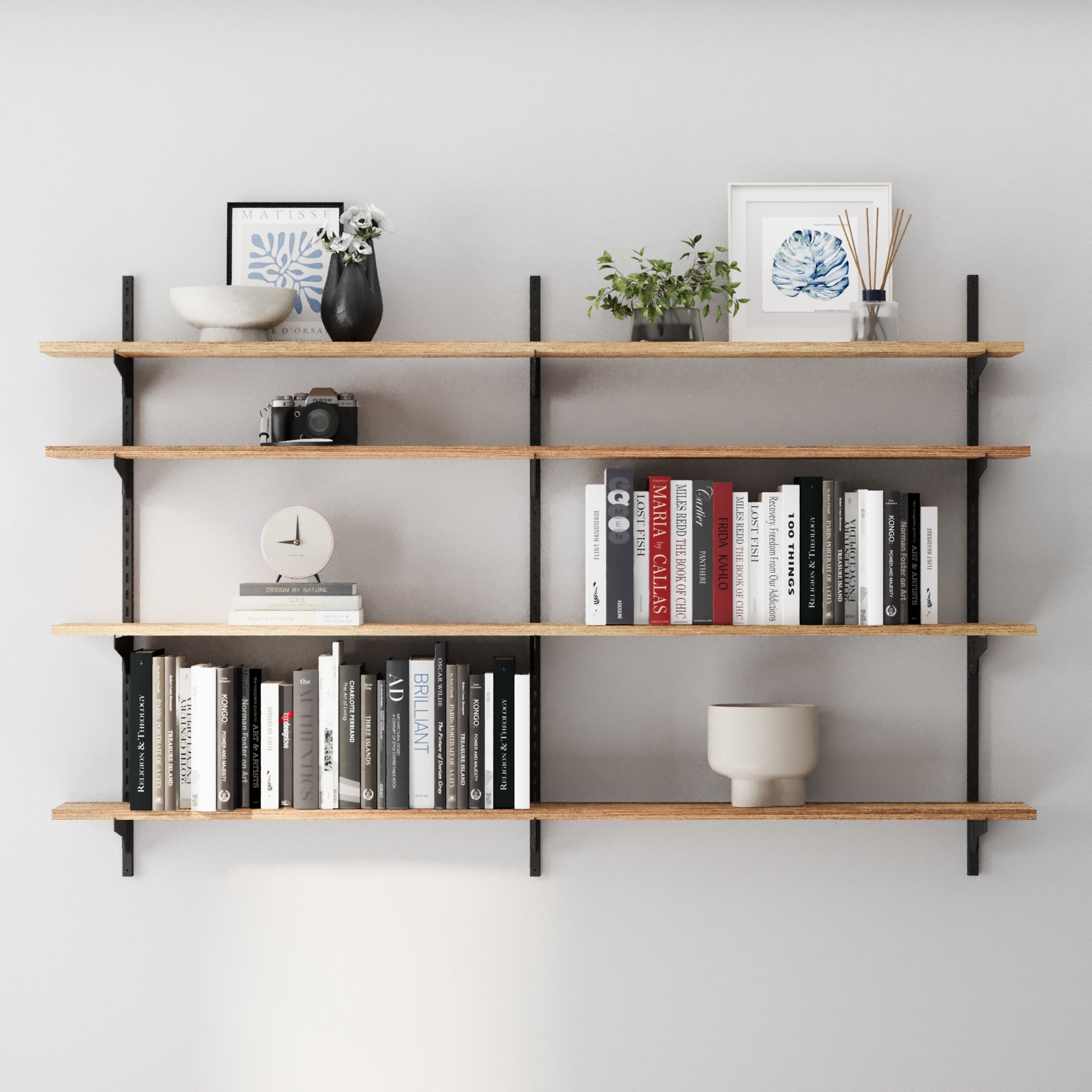 4 tier floating rustic shelves with books, decor items, and plants against a white wall