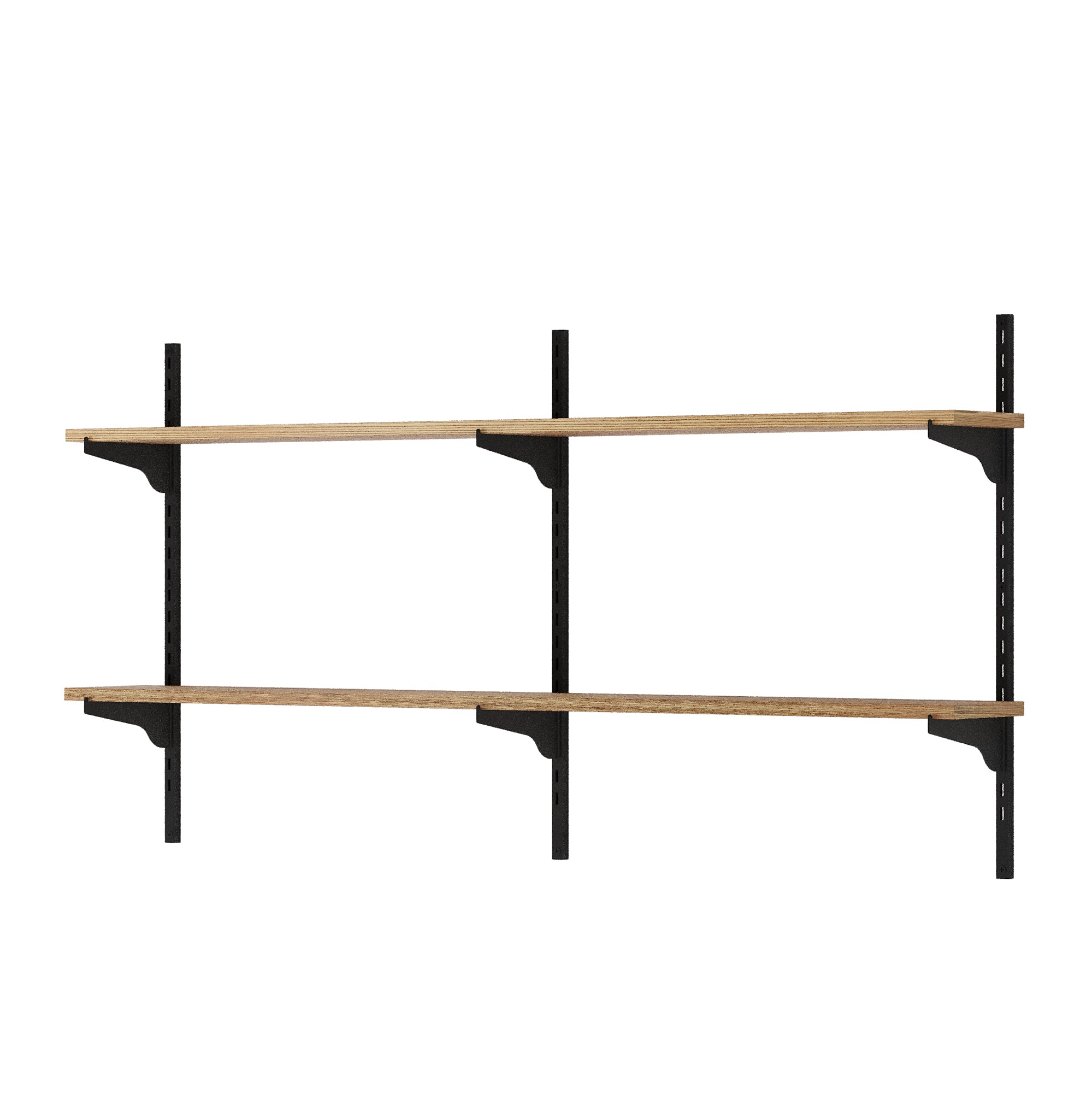 2 tier hanging shelf with black metal brackets on a white background