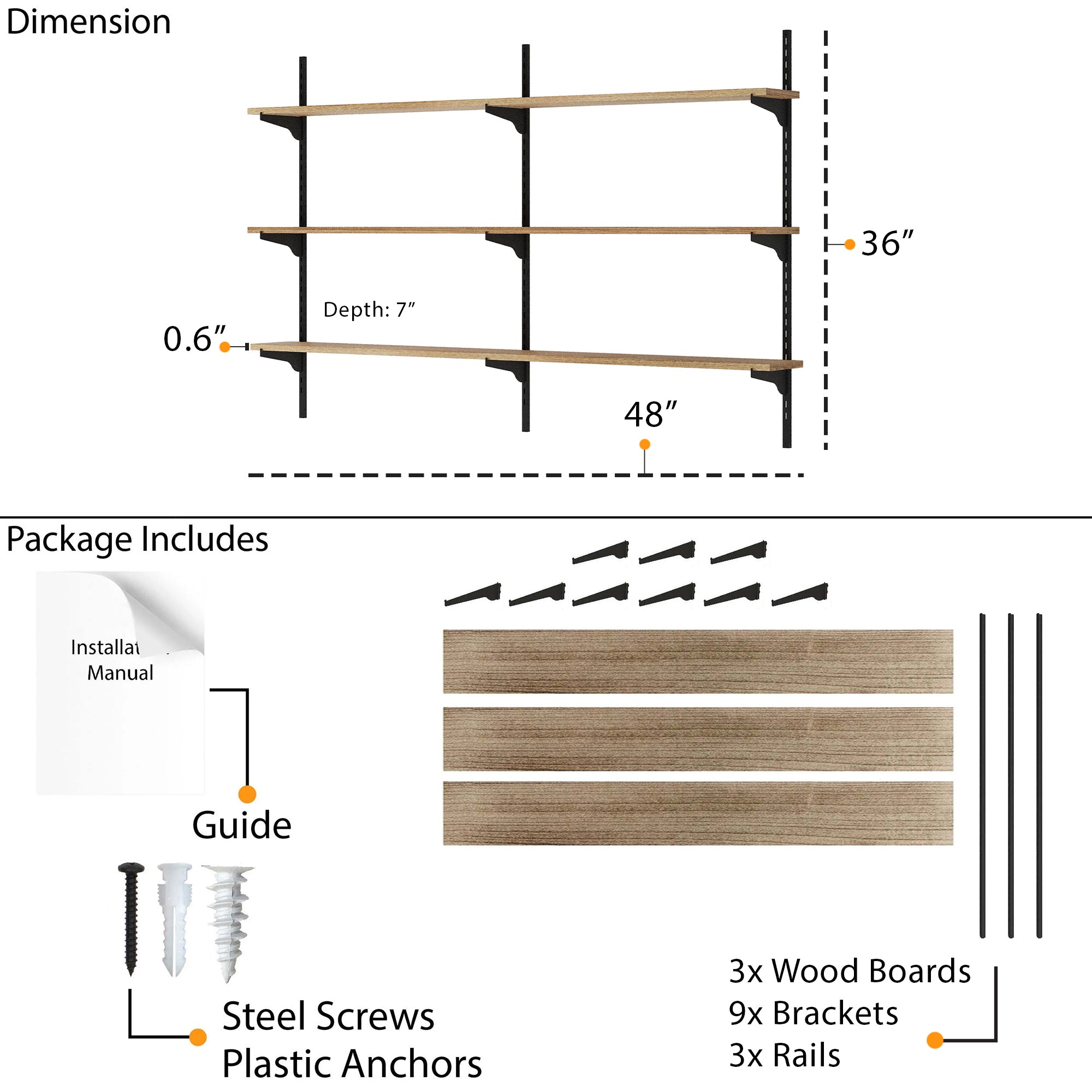 Shelving system dimensions and package contents on a white background