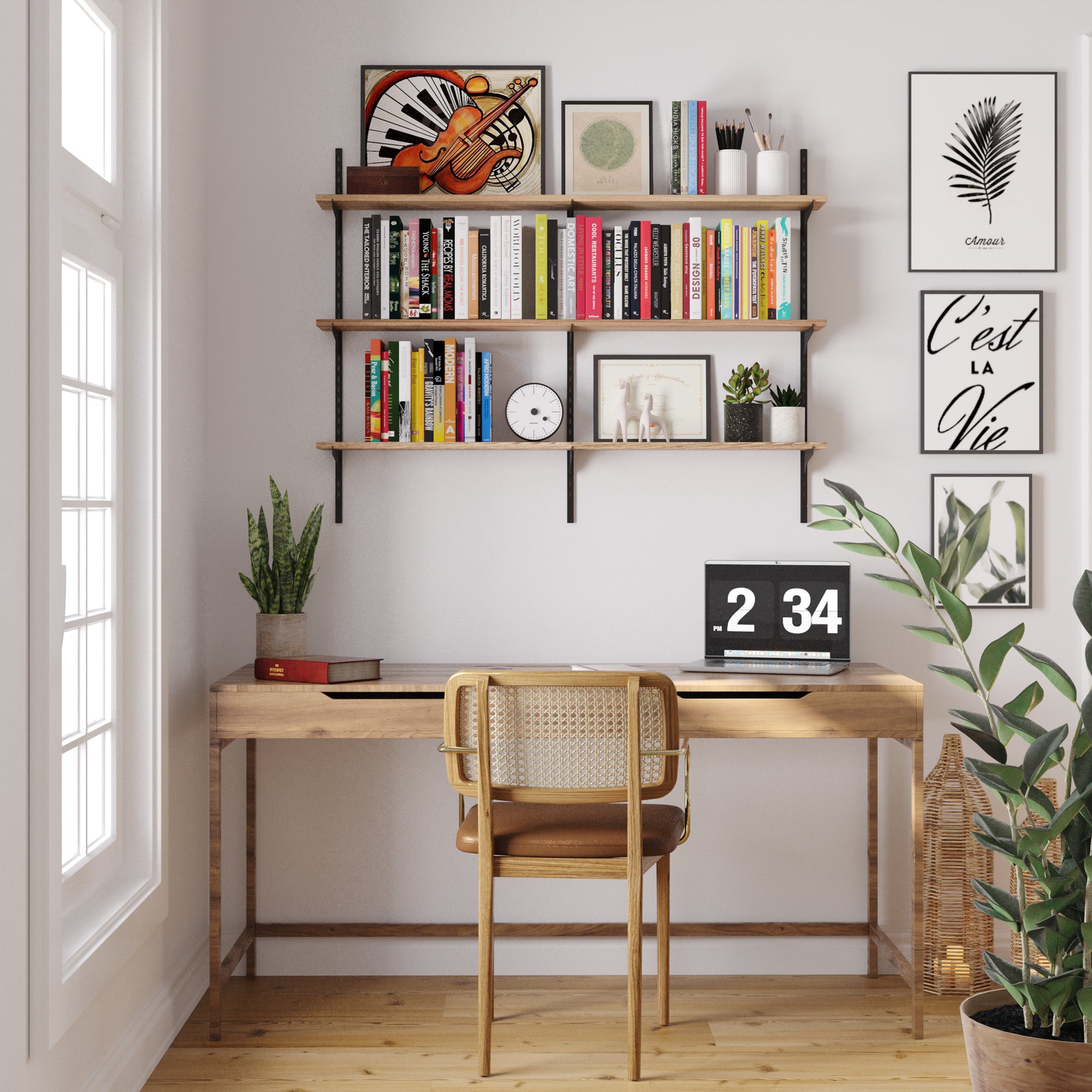 Home office with wooden desk, chair, and office supplies storage shelves against a white wall.