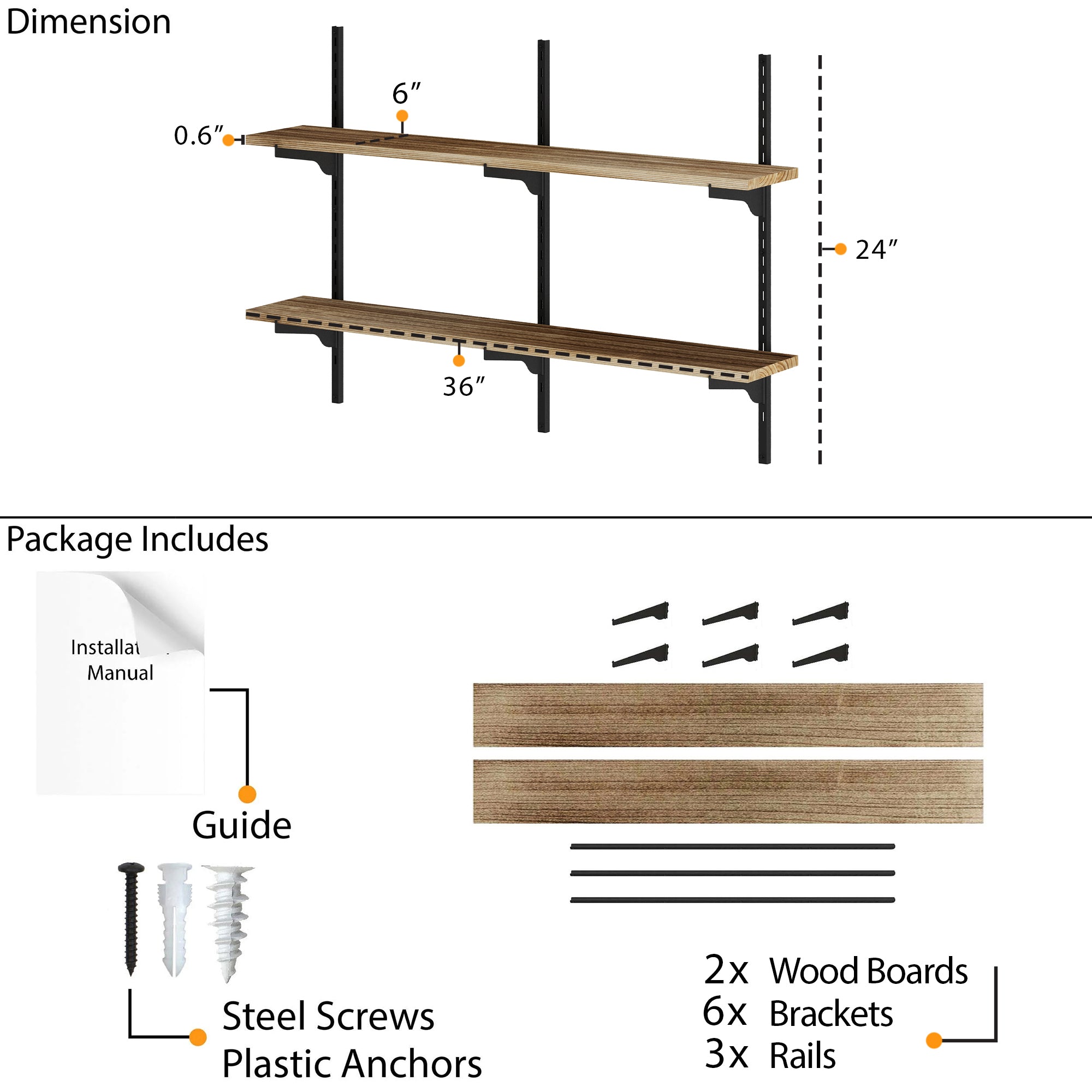 Dimension and package layout showing 36"x6"x0.6" wood boards, 24" tall rails, six brackets, screws, anchors, and a manual for easy assembly.