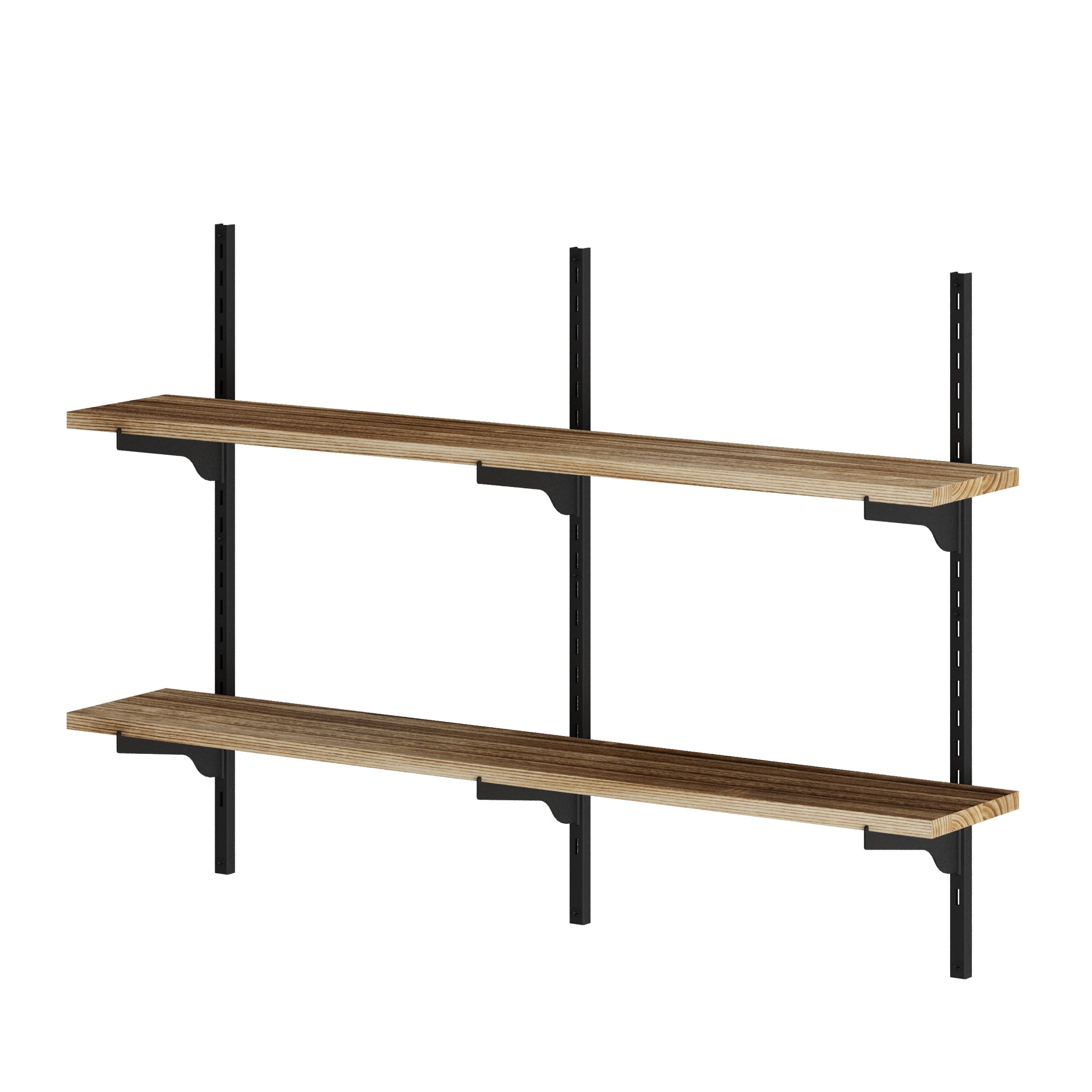 Two-tier adjustable shelving unit with black metal rails and natural wood boards, showcasing its clean and sturdy design.