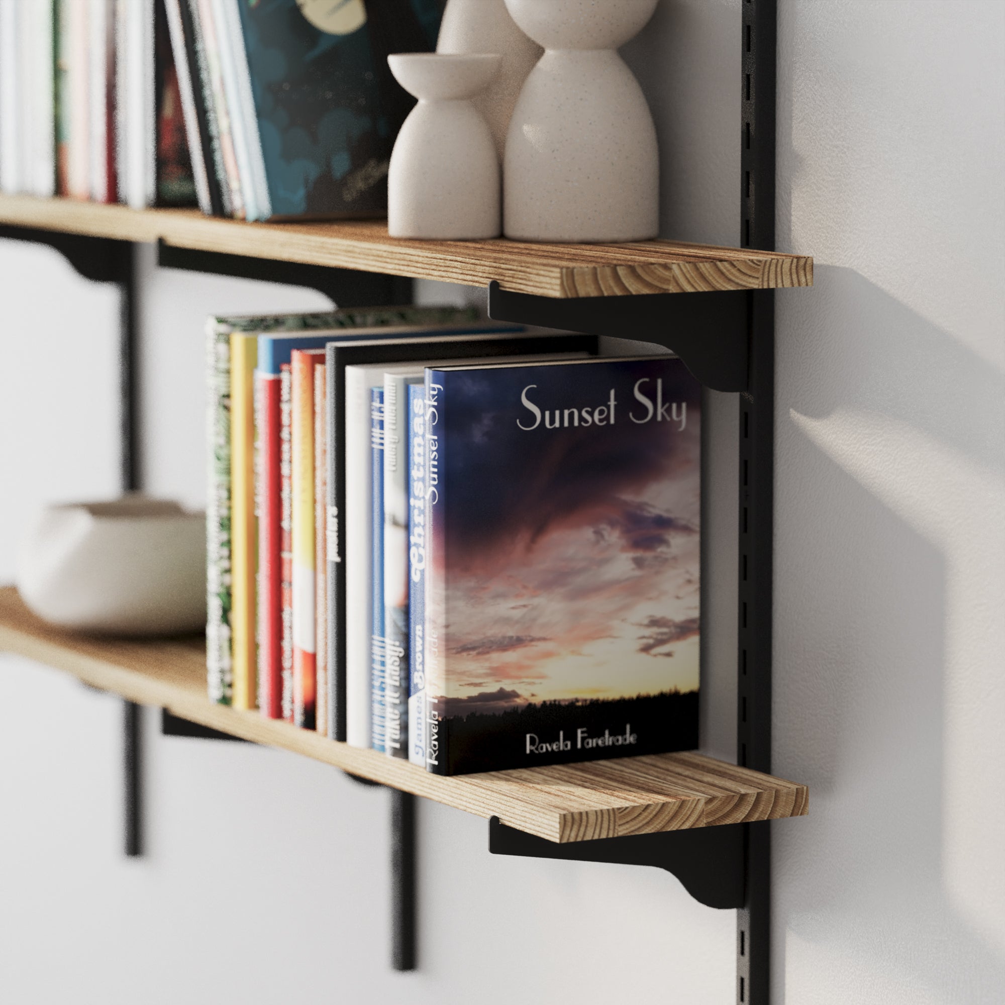 A sturdy and 3 tiered wooden shelf showing smooth wood texture, matte black brackets, and neatly arranged books, highlighting the elegant and functional design.