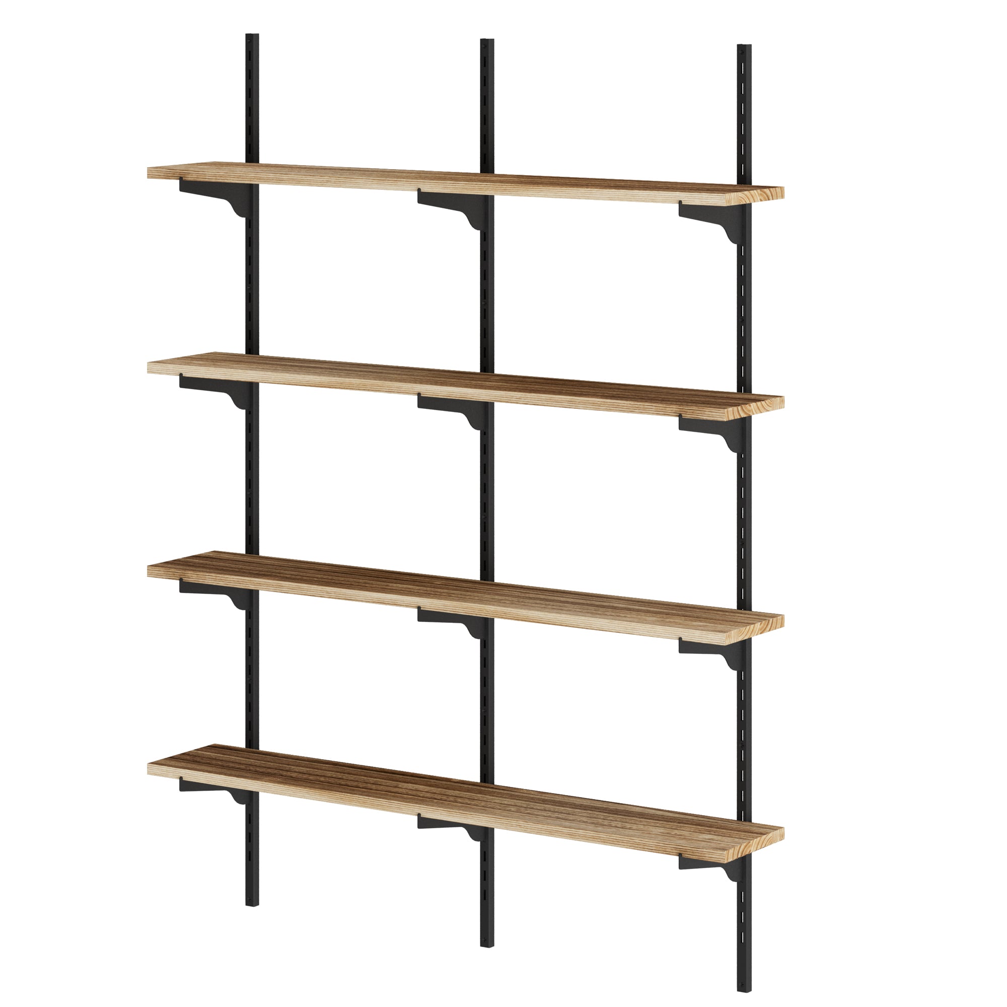 A four-tier adjustable shelving unit with black steel rails and warm wood boards, ideal for modern, rustic, or industrial interiors.
