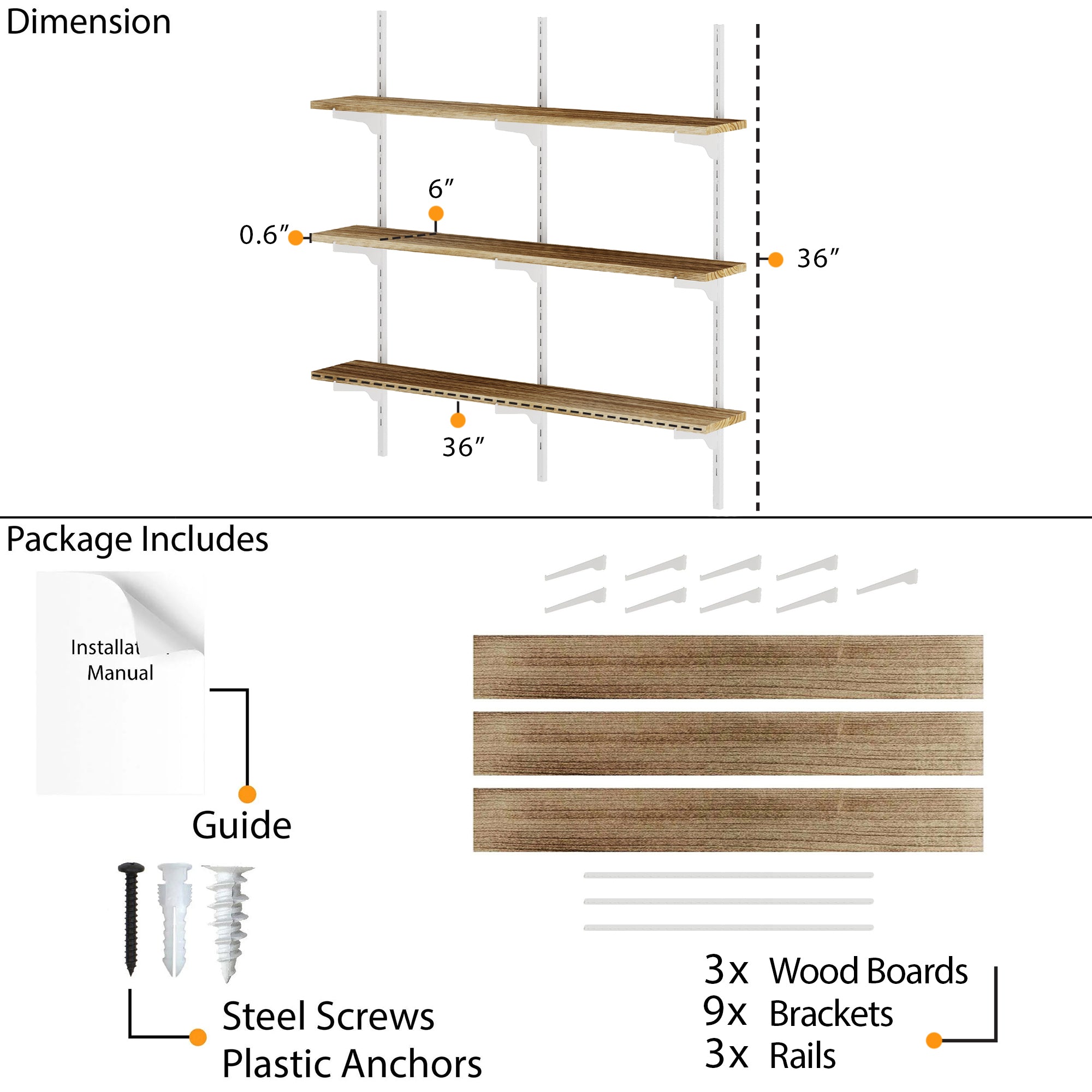 3 tier wood shelf system with dimensions and package contents as steel screws, plastic anchors, wood boards, rails and white metal brackets.