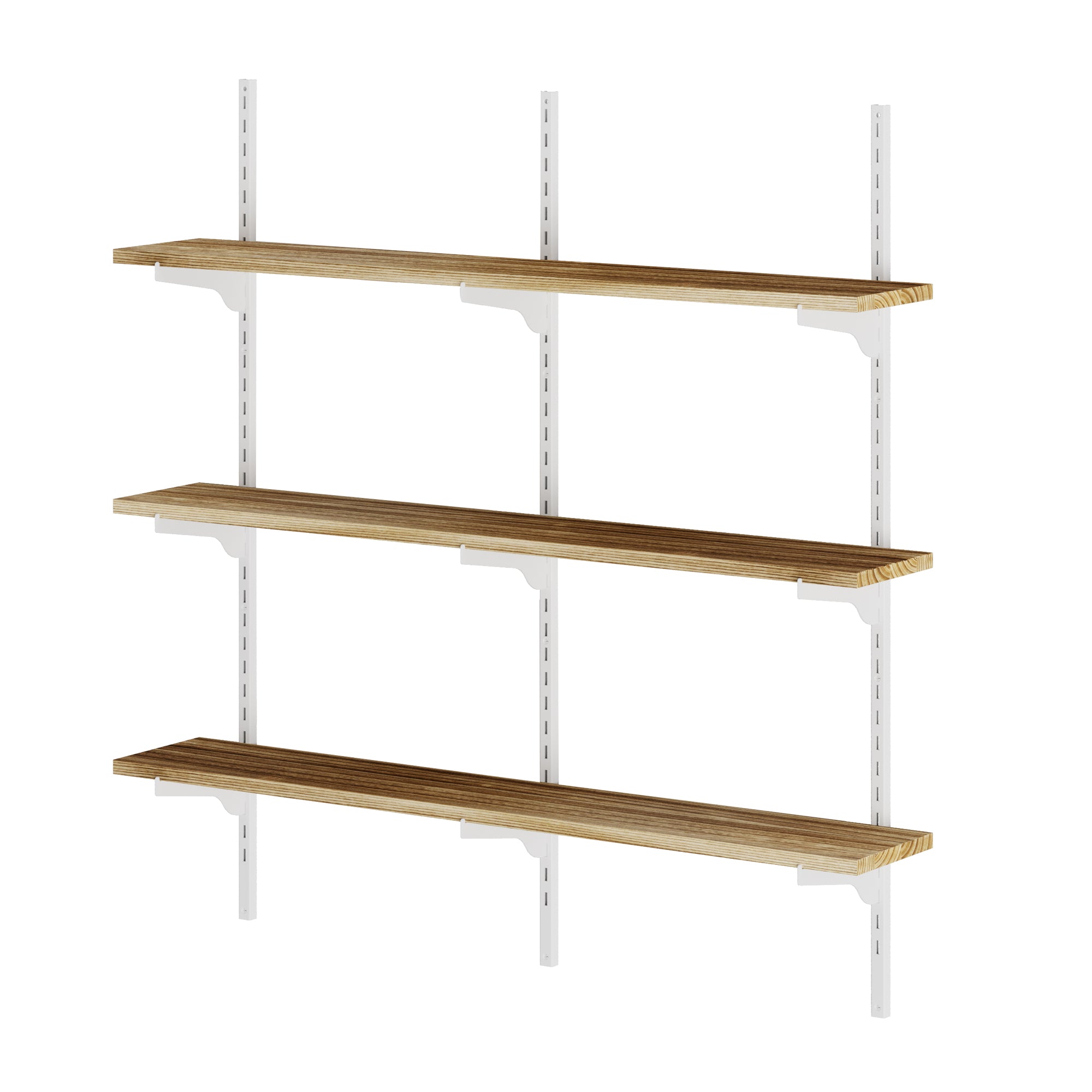 3 tier wall-mounted shelving unit with wooden shelves and white metal brackets on a white background
