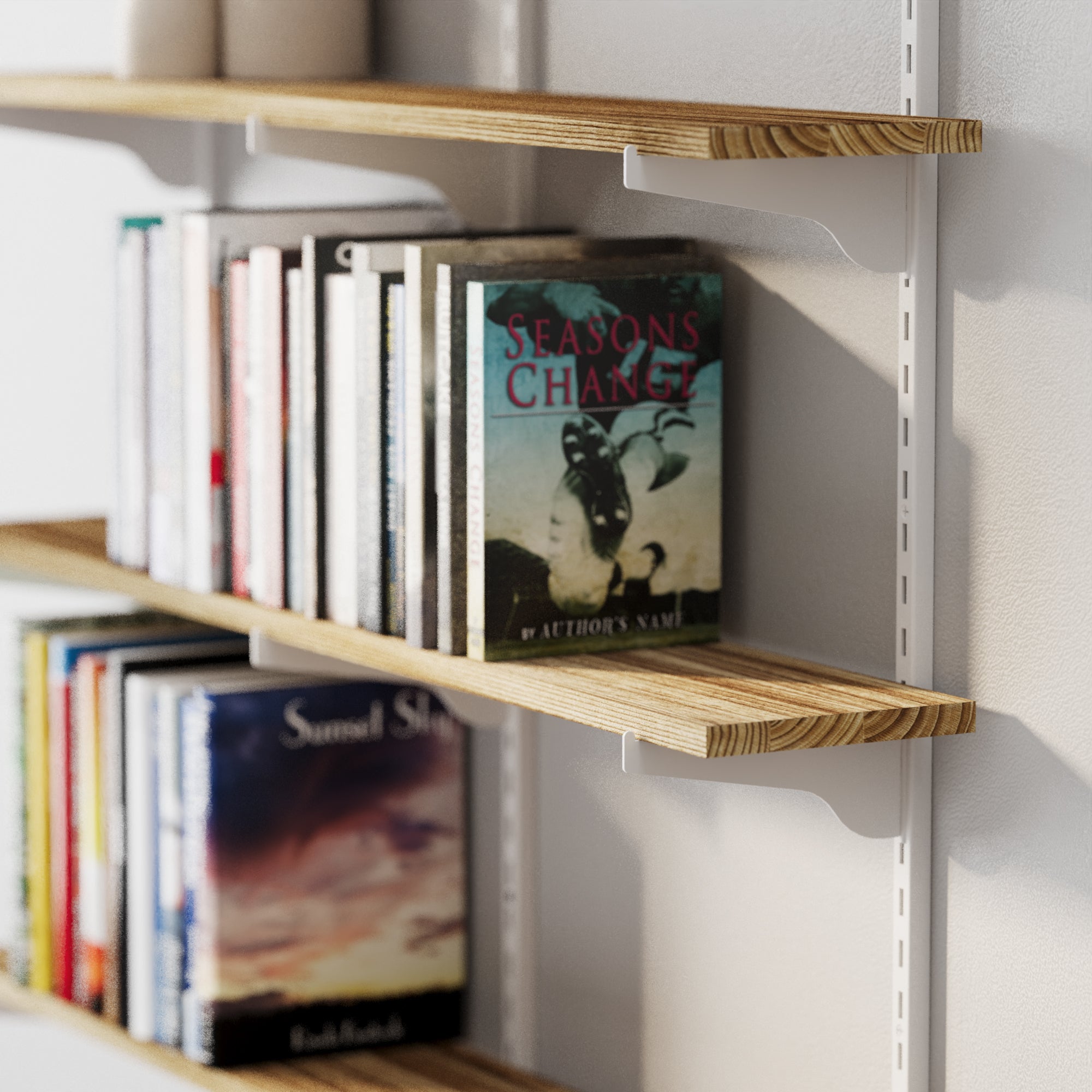 Wall shelf with books, including a prominent one titled 'Seasons Change' by Anthony Nardi.