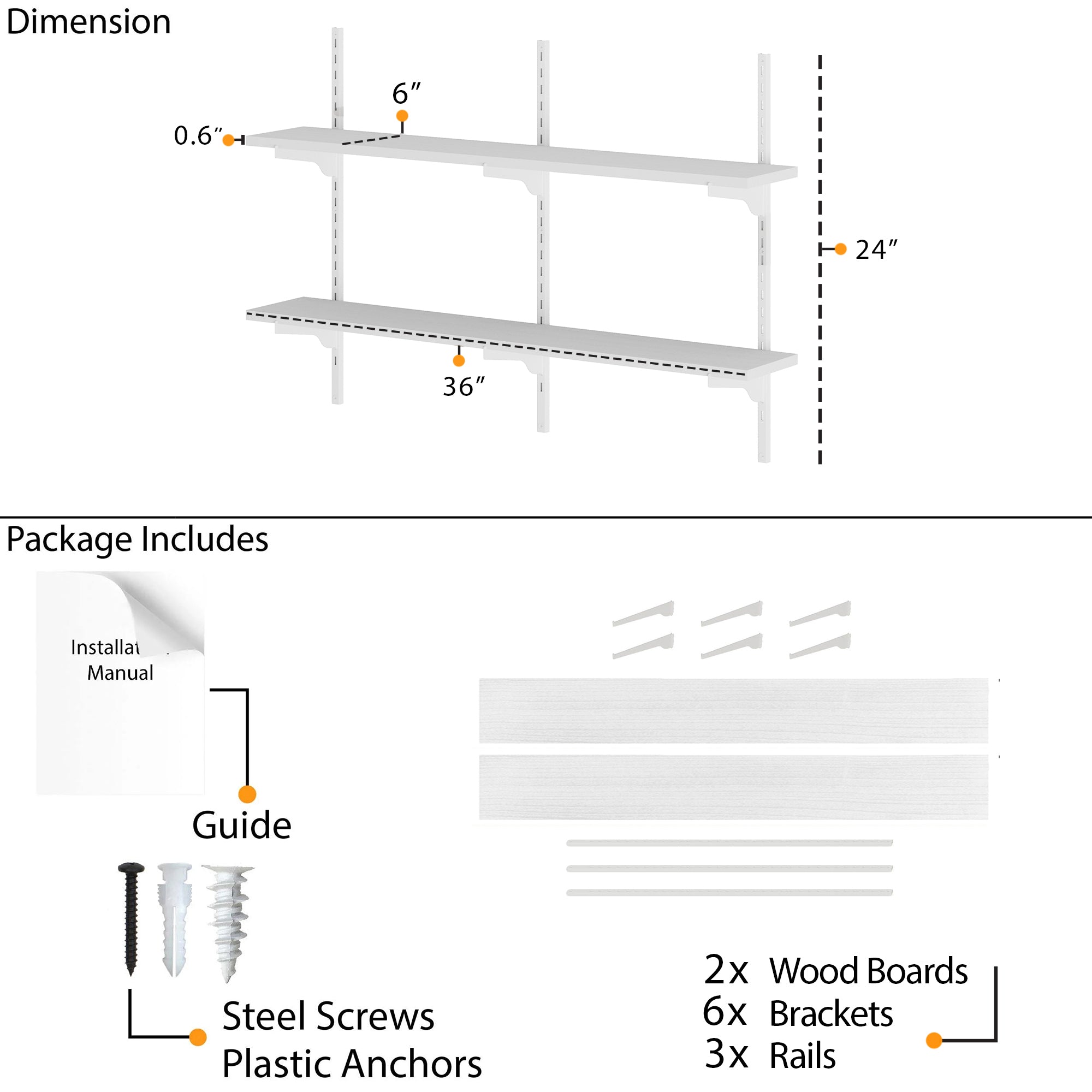 White shelving unit with dimensions and package contents including shelves, wood boards, brackets, and screws.
