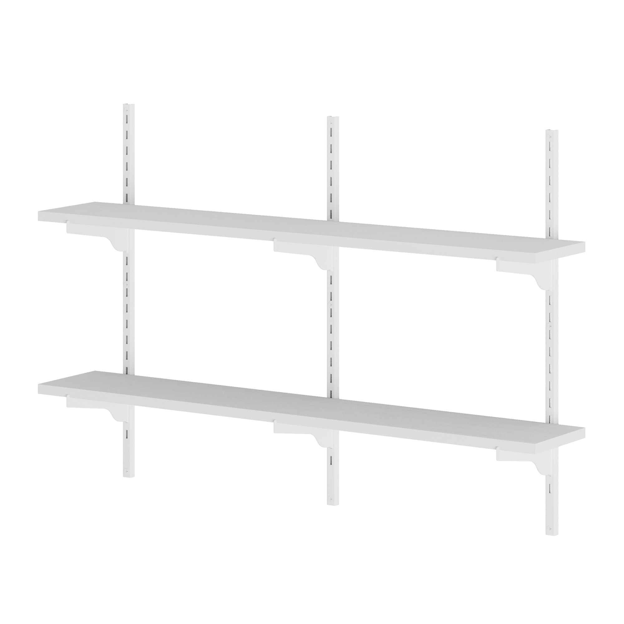 2 tiered wall-mounted shelving unit with three shelves on a white background