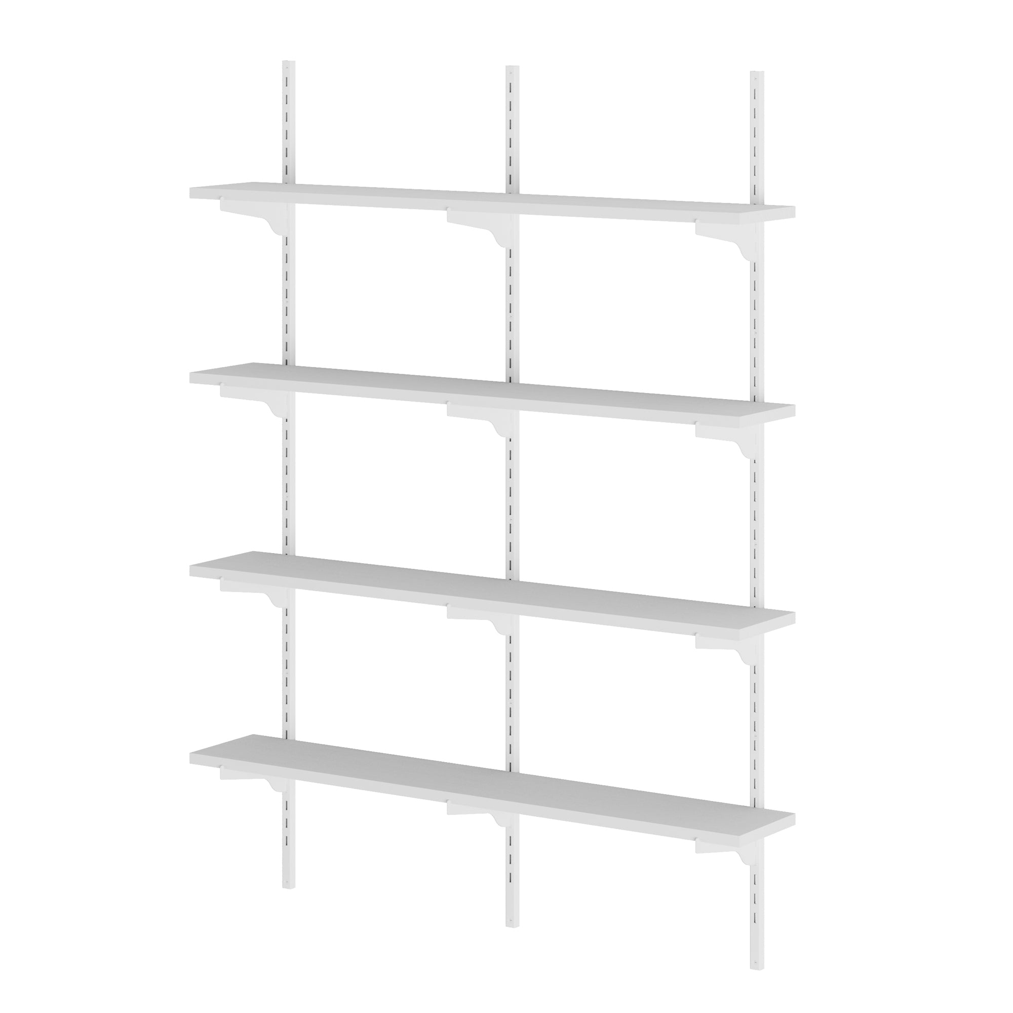 4 tier white shelving unit with multiple shelves on a white background