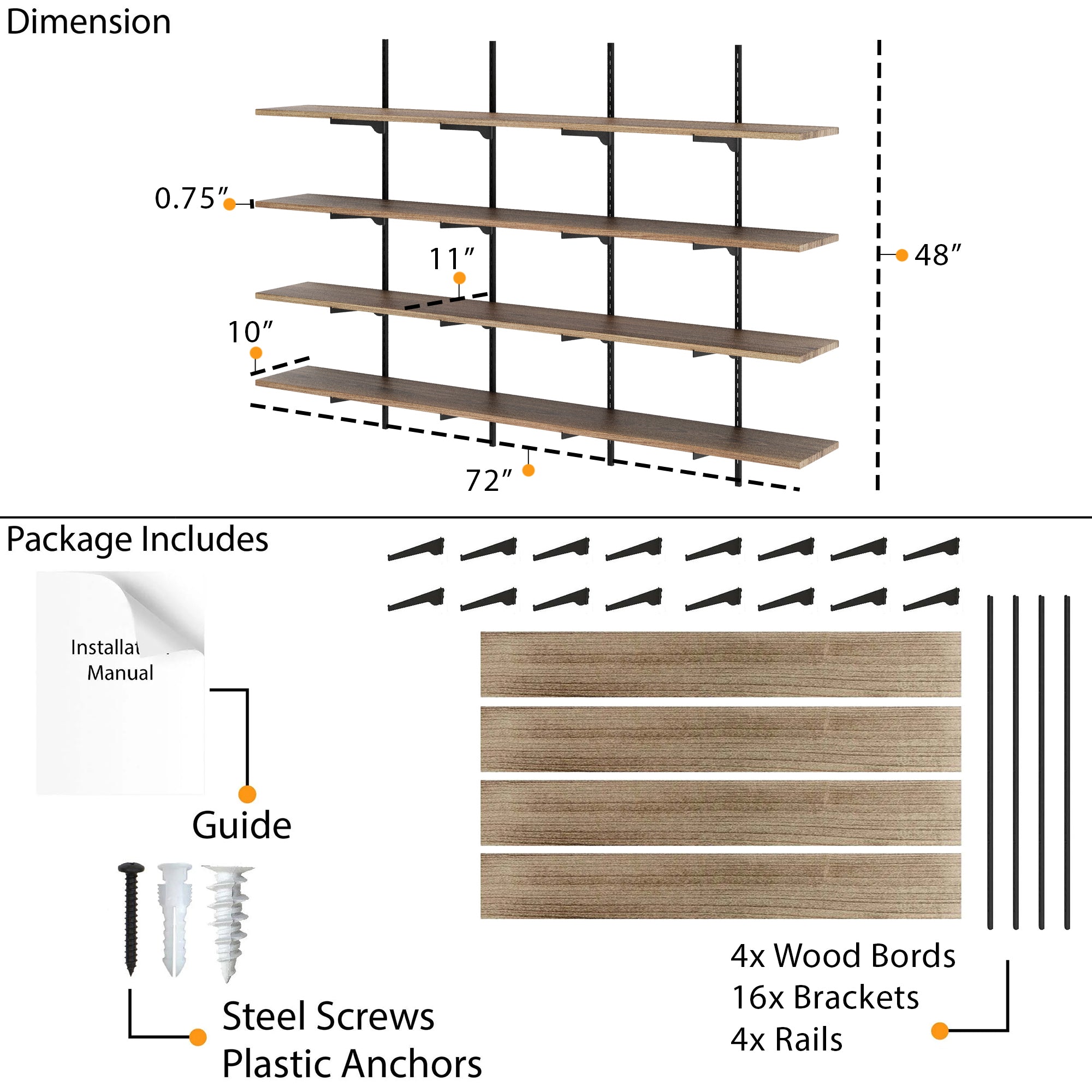 72 inch long wall mounted shelf dimensions and contents
