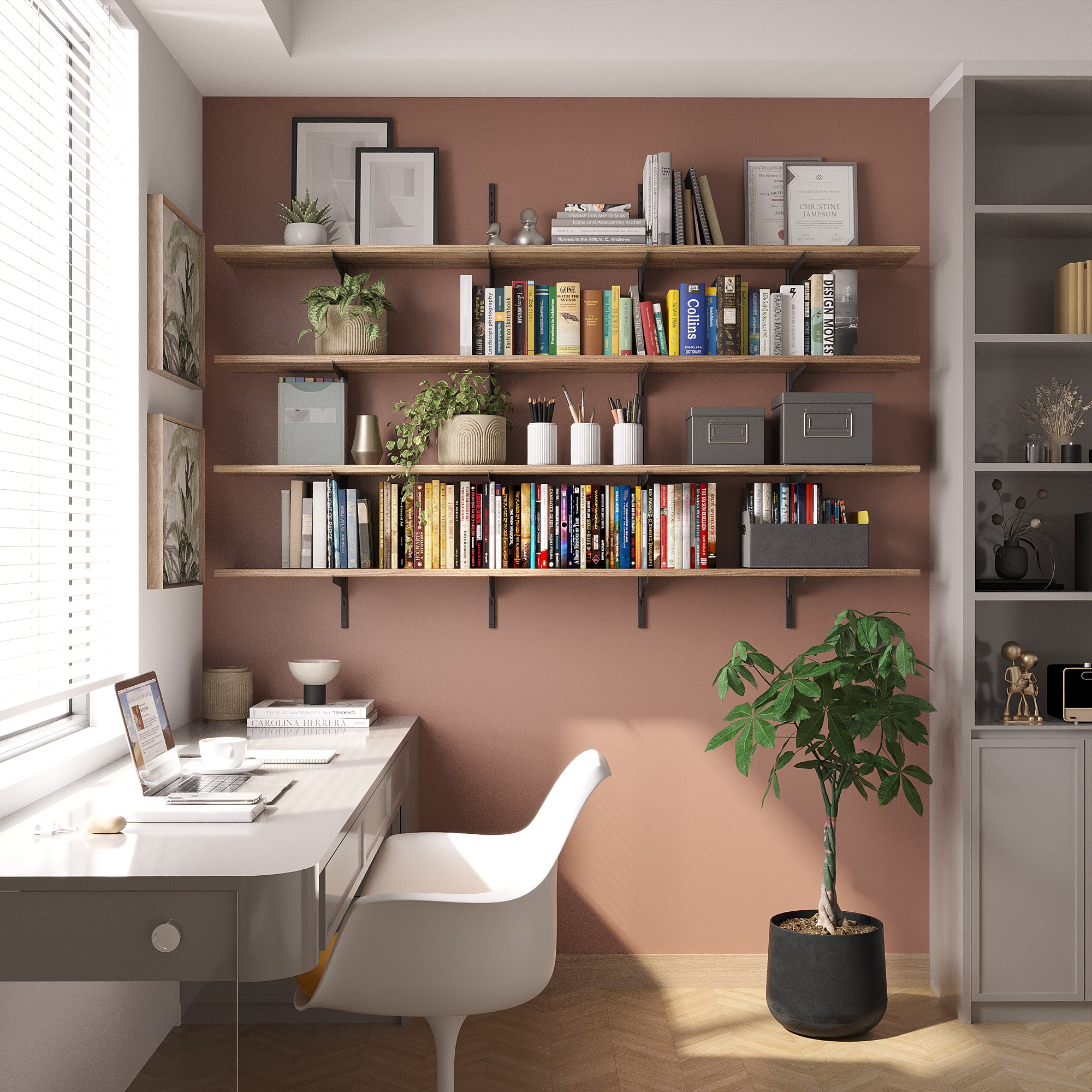 Modern home office with 4 tiered bookshelves for home office decor, desk, and chair.
