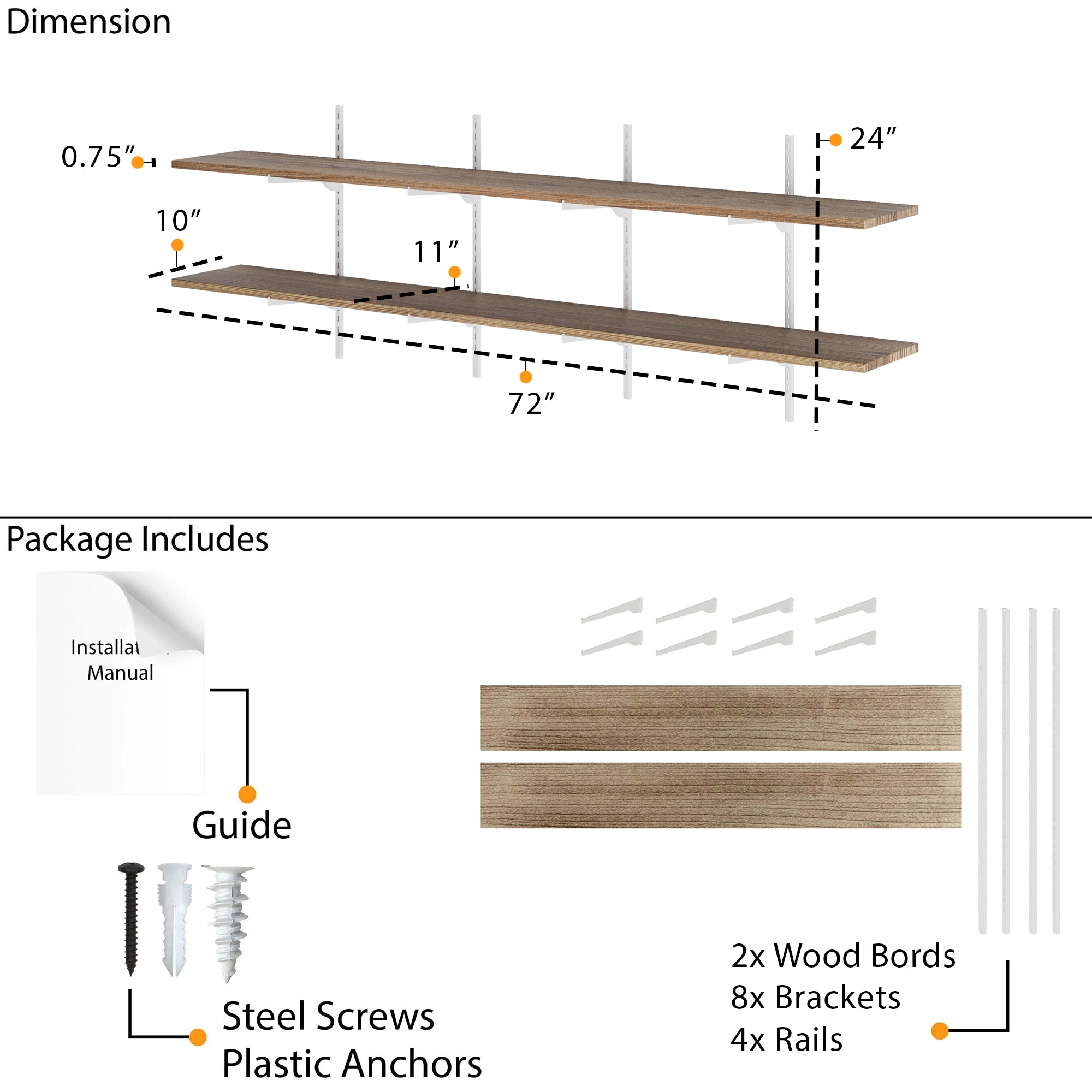 Shelf dimensions and package contents including wood boards, brackets, and screws on a white background.